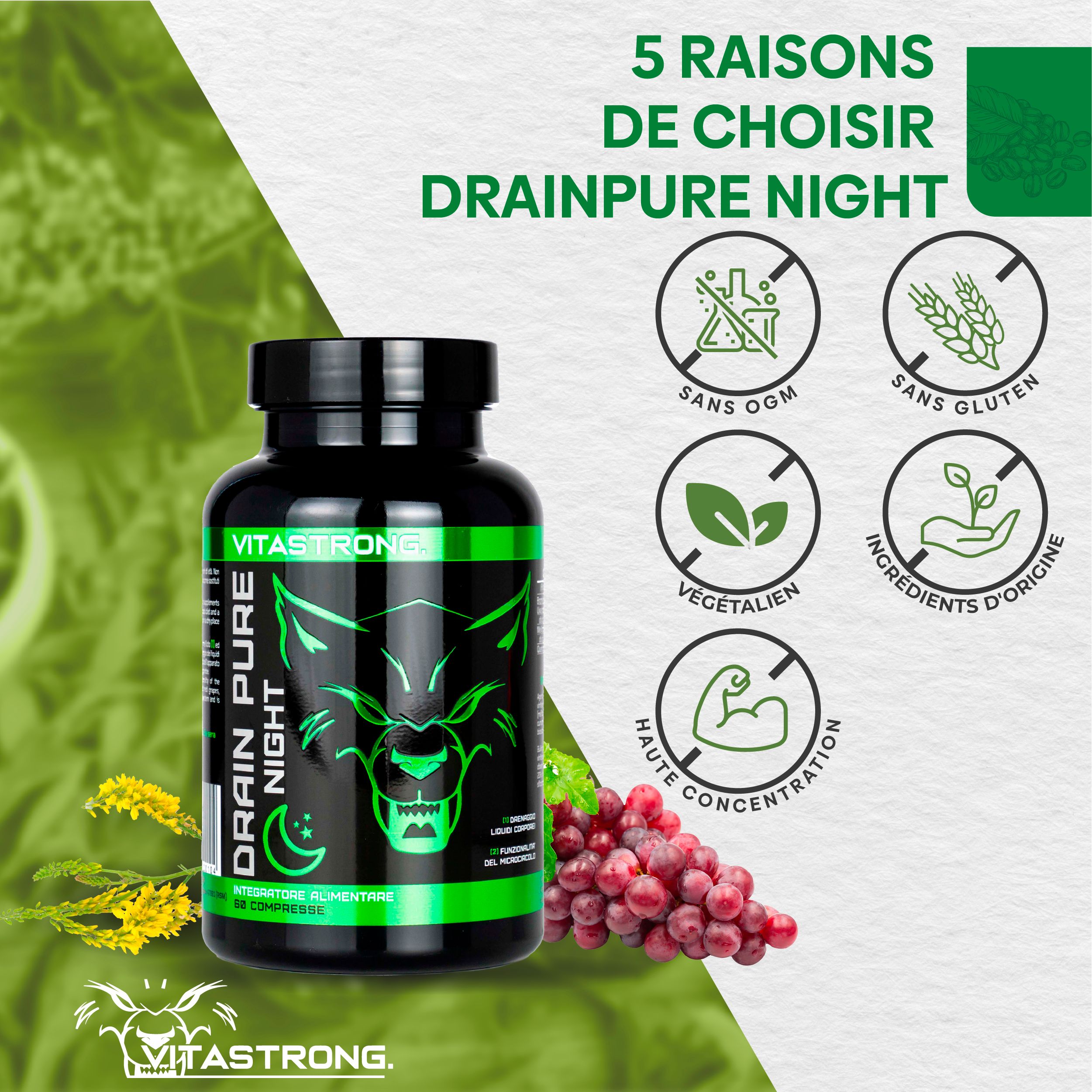 Flacon de produit avec 5 icônes. Texte: VITASTORNG, DRAIN PURE NIGHT. Sans OGM, sans gluten, végétalien, ingrédients naturels.