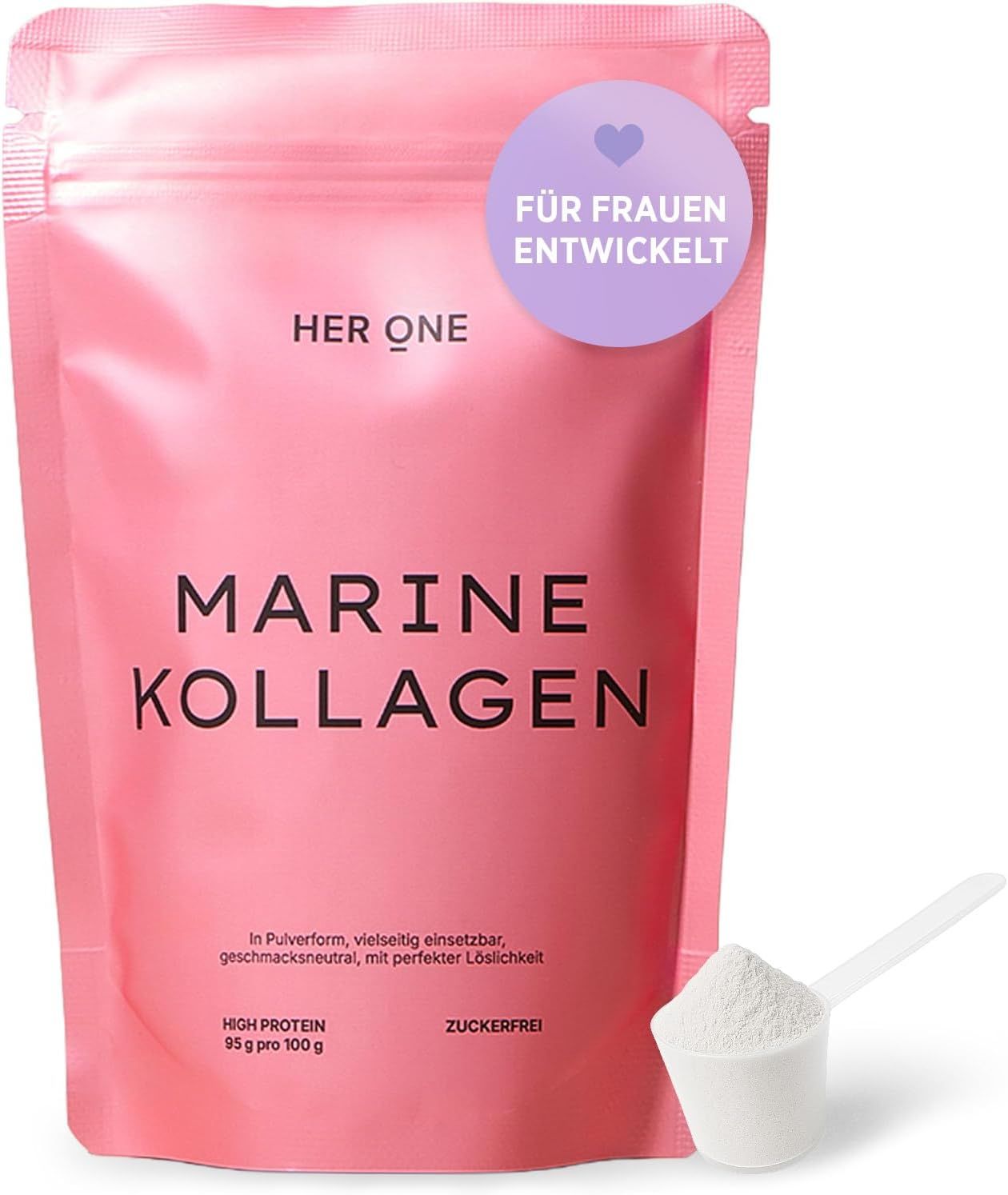 Rosa Beutel mit HER ONE Marine Kollagen und Messlöffel. Text: Für Frauen entwickelt, in Pulverform, zuckerfrei.