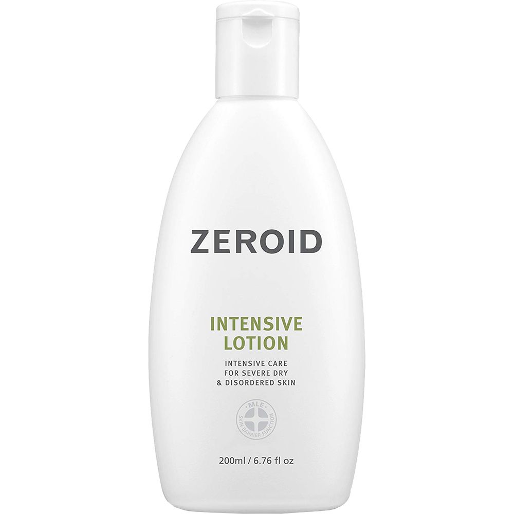 Weiße ZEROID Intensive Lotion Flasche. Text: Intensive Lotion, 200ml/6.76 fl oz. Für trockene und gestörte Haut.