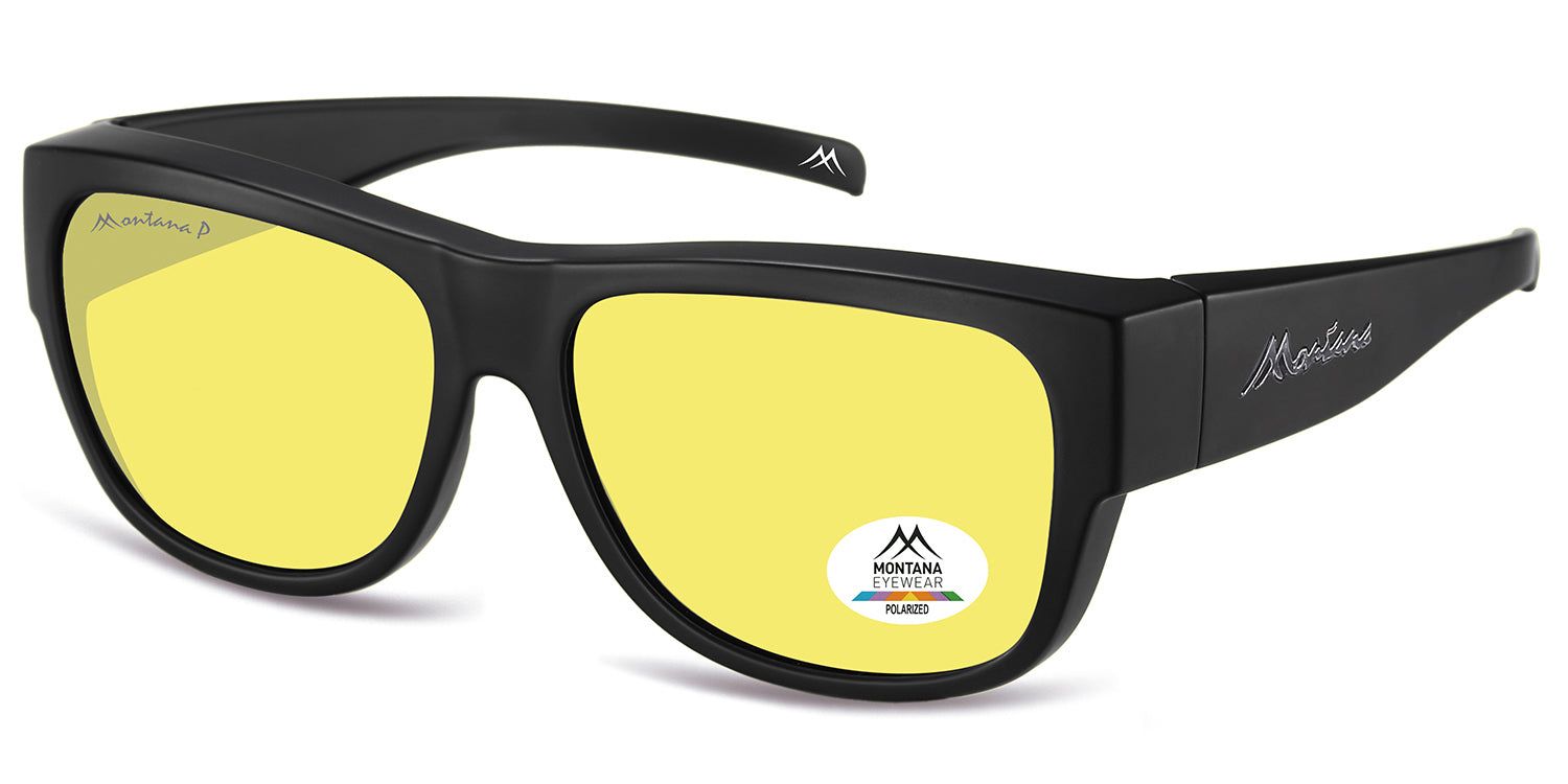 Schwarze Sonnen-Überbrille mit gelben Gläsern. Montana Eyewear Logo und Polarisations-Aufkleber. Seitliche Ansicht.