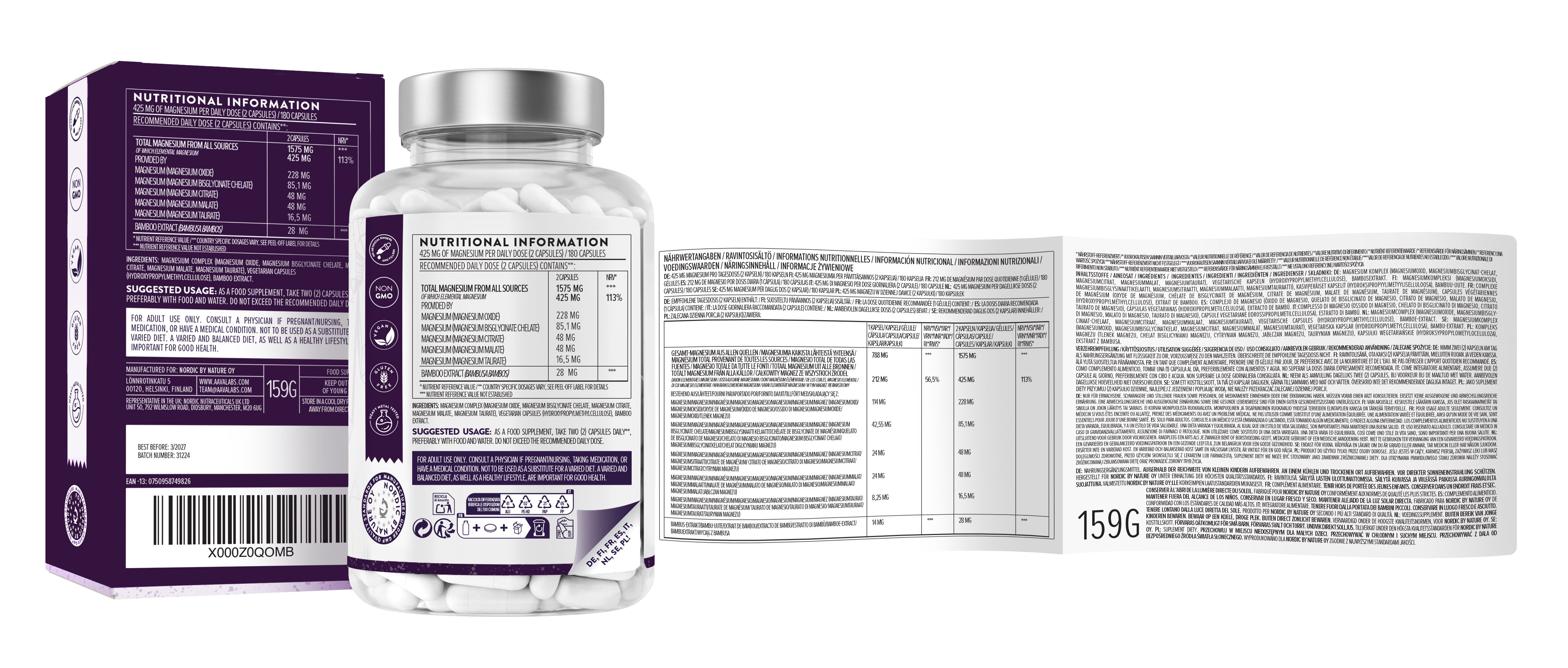 Aavalabs Premium Fullnesium Magnesium Komplex – 425 mg elementares Magnesium aus 5 Formen