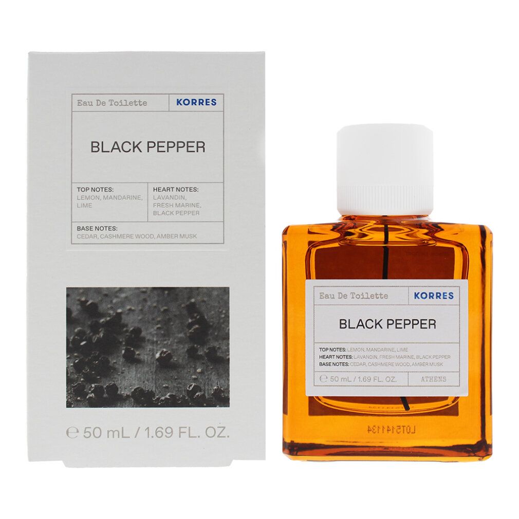 KORRES Eau de Toilette für Ihn Black Pepper, 50ml Flasche und Verpackung mit Etikett und Bild.