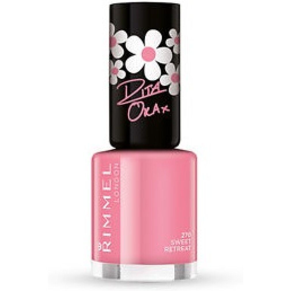 Rosa Nagellackflasche mit schwarzem Deckel. Weiße Blumen auf dem Deckel. "Rimmel London" und "Rita Ora" auf der Flasche.