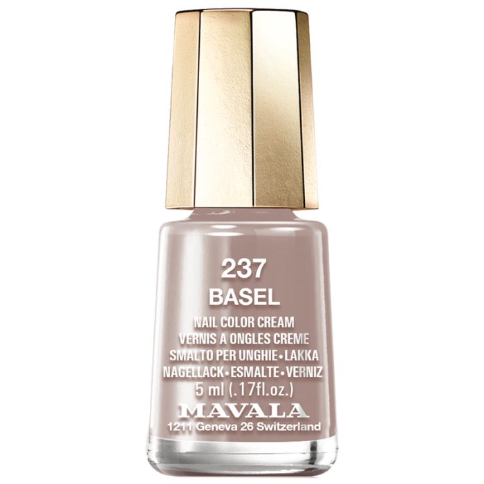 Nagellackflasche mit goldfarbenem Deckel. Aufschrift: 237 BASEL, Nail Color Cream, 5 ml, MAVALA.