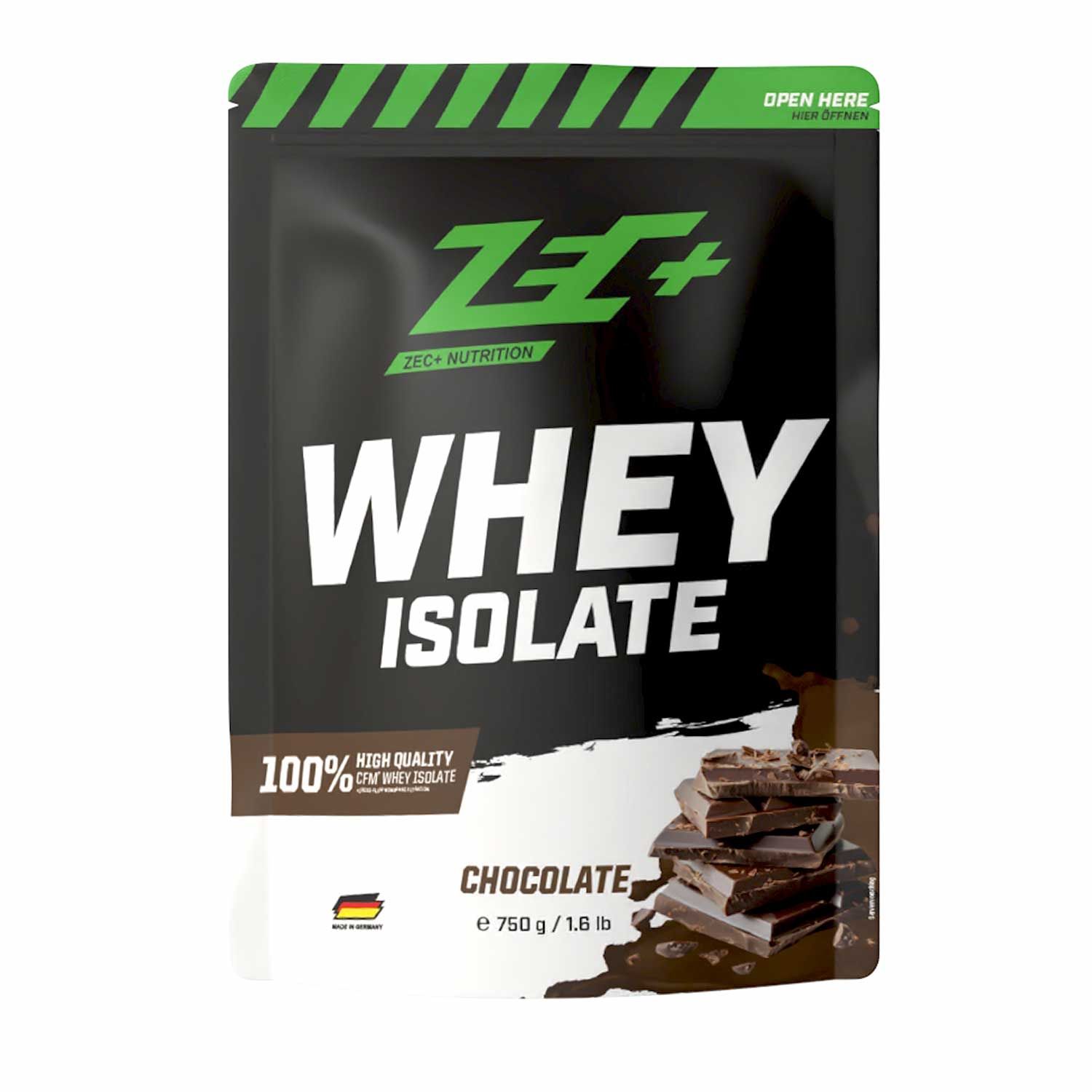 ZEC+ Whey Isolate Schokolade. Schwarze Verpackung mit grünem Streifen. Text: Whey Isolate, Schokolade, 100% High Quality. 750g.