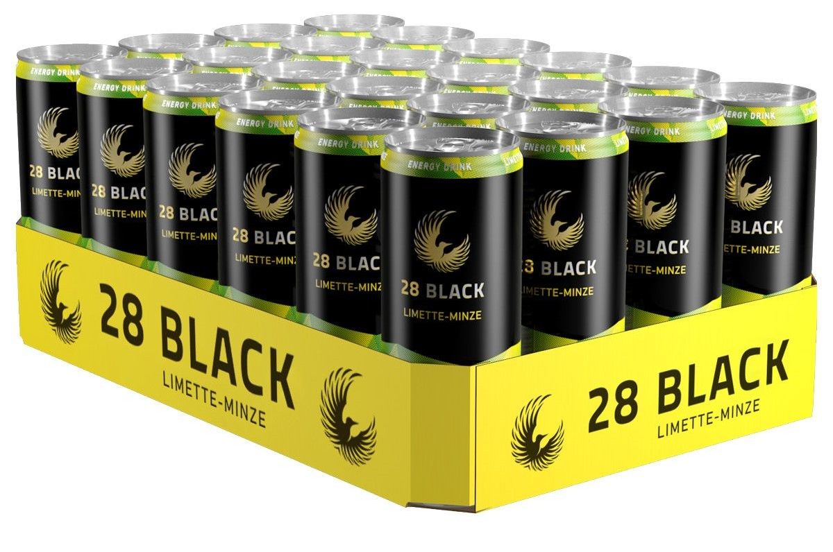 Karton mit 24 Dosen 28 Black Limette-Minze. Schwarze Dosen mit goldfarbenem Logo. Gelber Karton mit Produktnamen.
