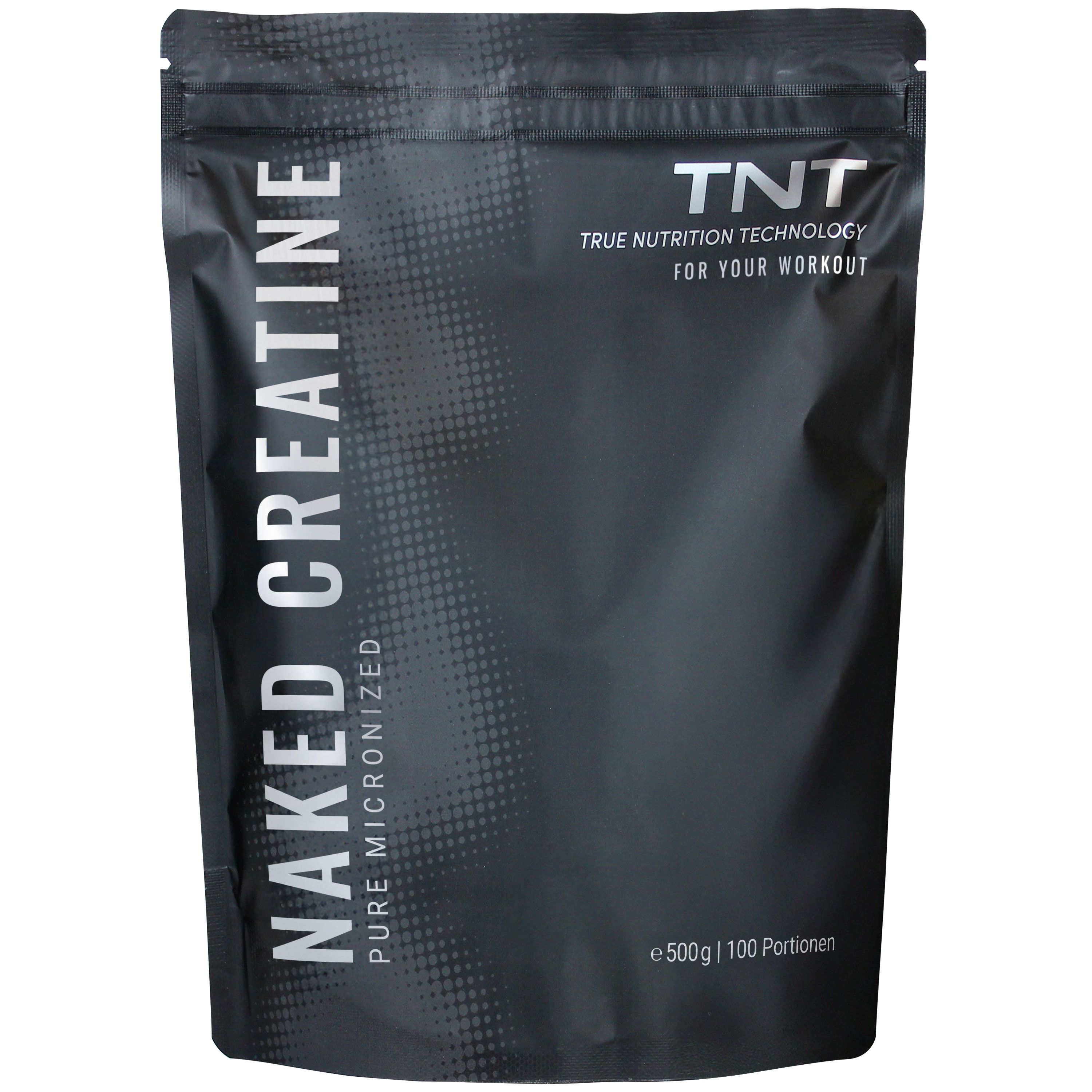 Schwarze Verpackung mit "NAKED CREATINE" und "TNT" Logo. Enthält 500g, 100 Portionen. Monohydrat, mikronisiert.
