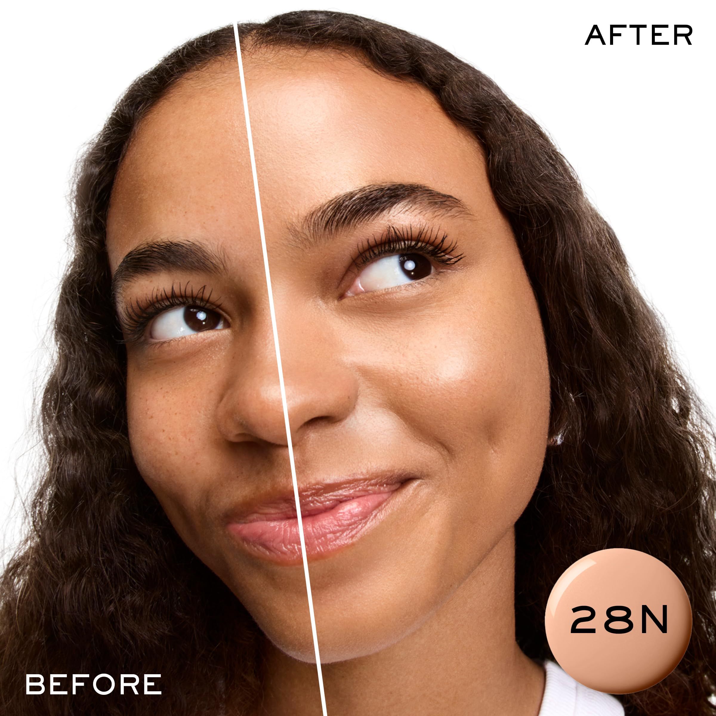 Vorher-Nachher-Vergleich. Gesicht, eine Seite mit Make-up, die andere ohne. Farbton 28N.