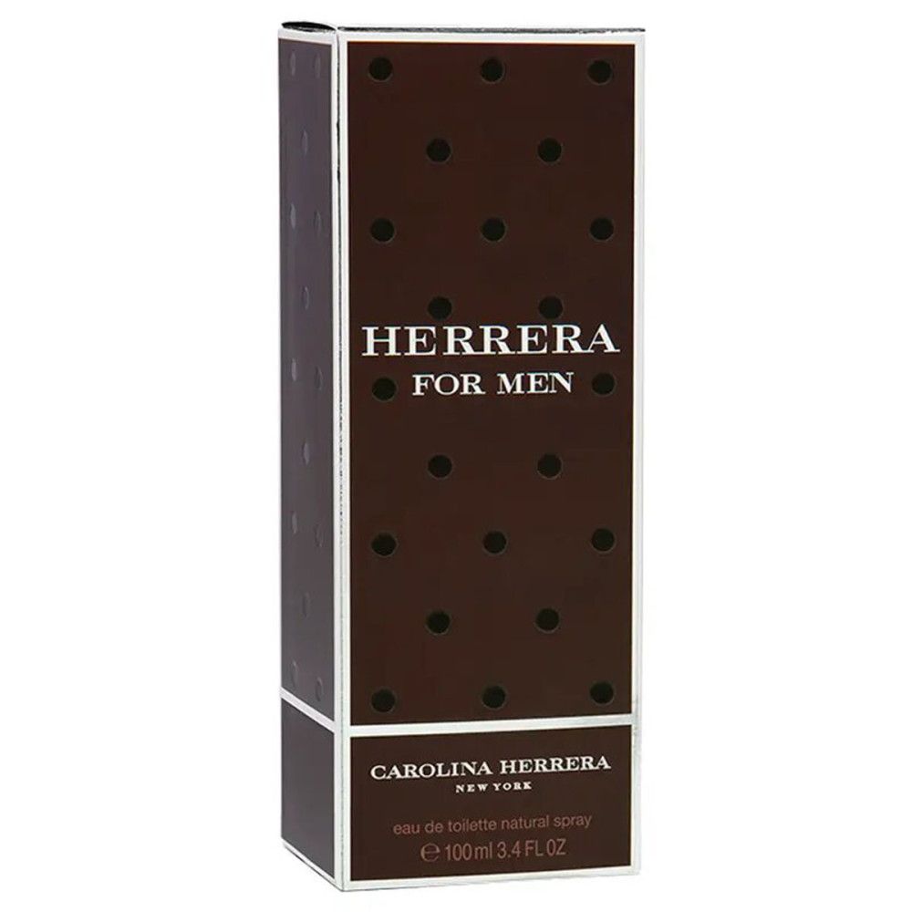 Braune rechteckige Verpackung mit weißem Schriftzug "HERRERA FOR MEN" und "CAROLINA HERRERA NEW YORK".