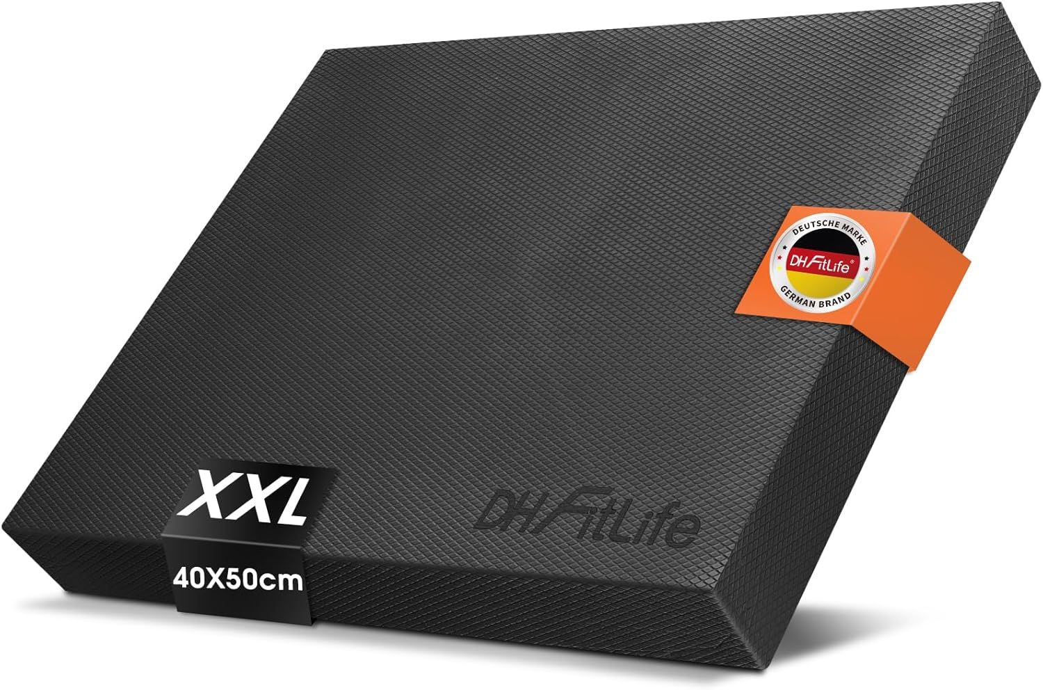 Schwarzes Balance Pad mit 'XXL' und '40x50cm' Aufdruck. Logo 'DH FitLife' und Deutschland-Siegel.