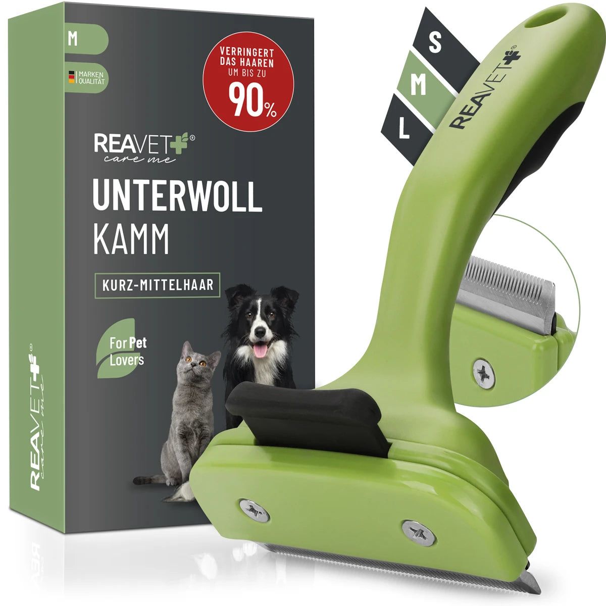 Grüner Unterwollkamm mit schwarzem Griff und Verpackung. Text: ReaVET, Unterwollkamm, Kurz-Mittelhaar. Abbildung von Hund und Katze.
