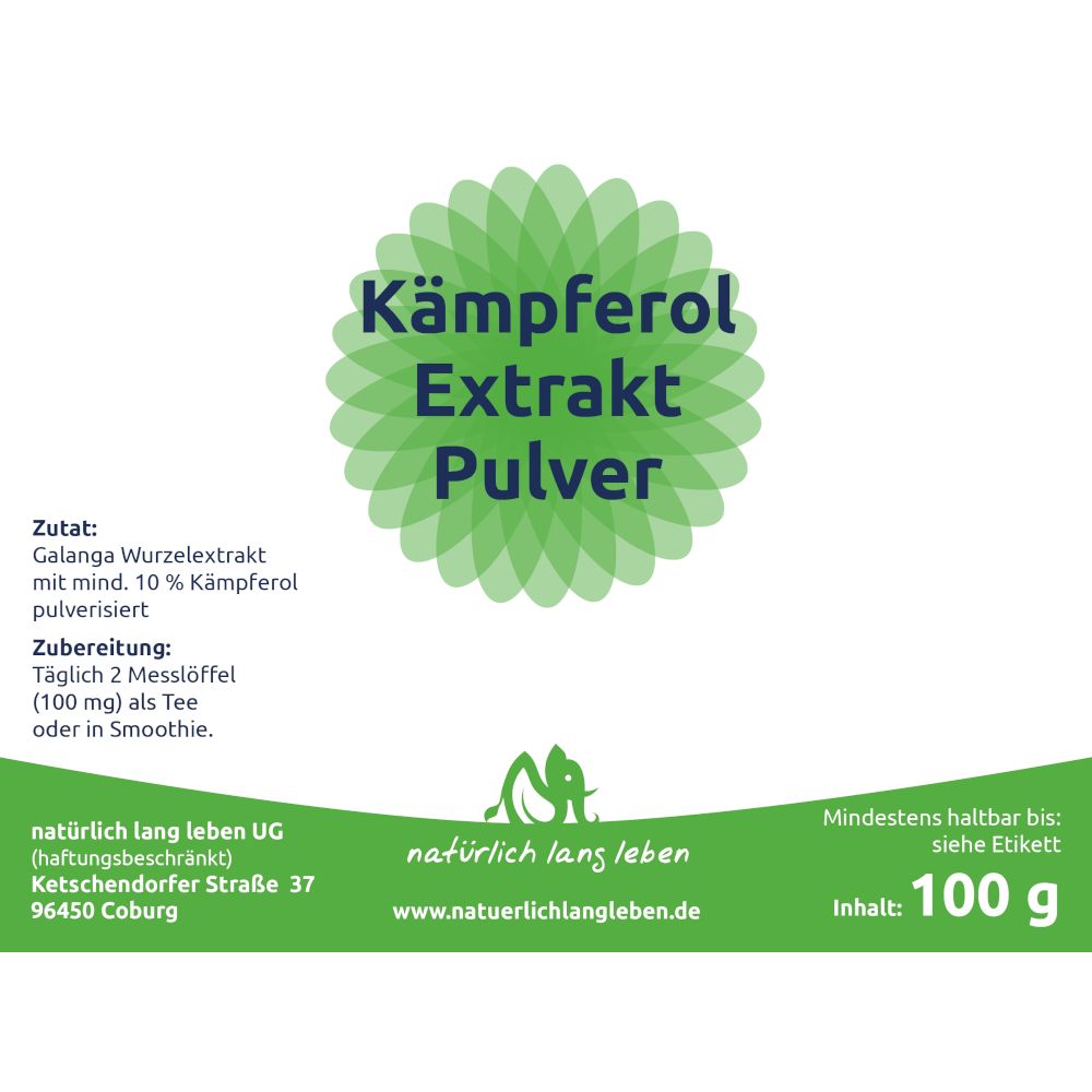 Etikett mit "Kämpferol Extrakt Pulver" und Logo. Text: Zutaten, Zubereitung, Mindesthaltbarkeit, Inhalt: 100 g.