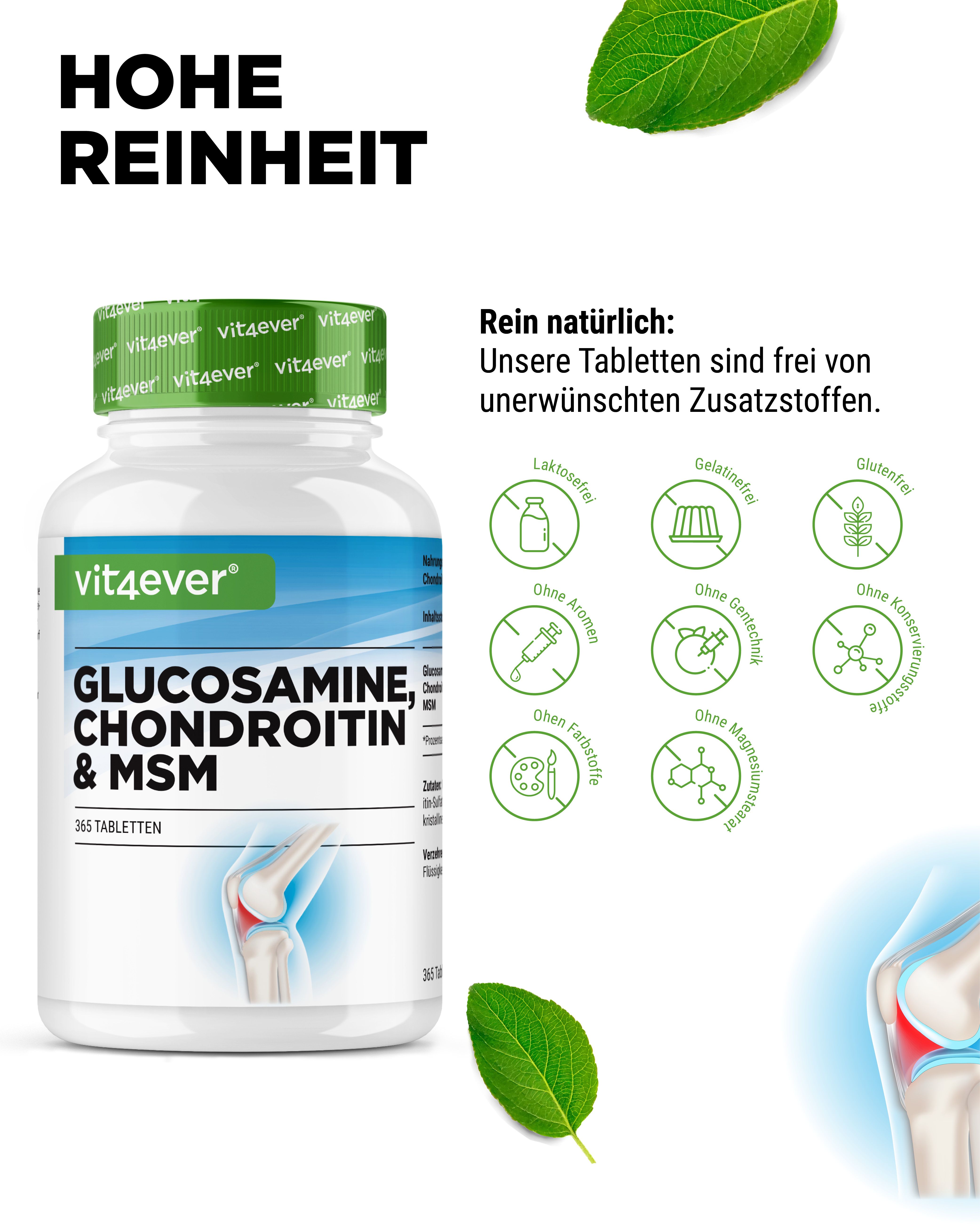 Weiße Flasche mit grünem Deckel, Etikett "vit4ever Glucosamin, Chondroitin & MSM". Text: "365 Tabletten". Symbole für Inhaltsstoffe.