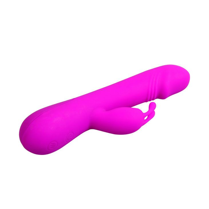 Pinkfarbener Vibrator mit Kaninchenohren-Design. Silikon-Material, längliche Form.