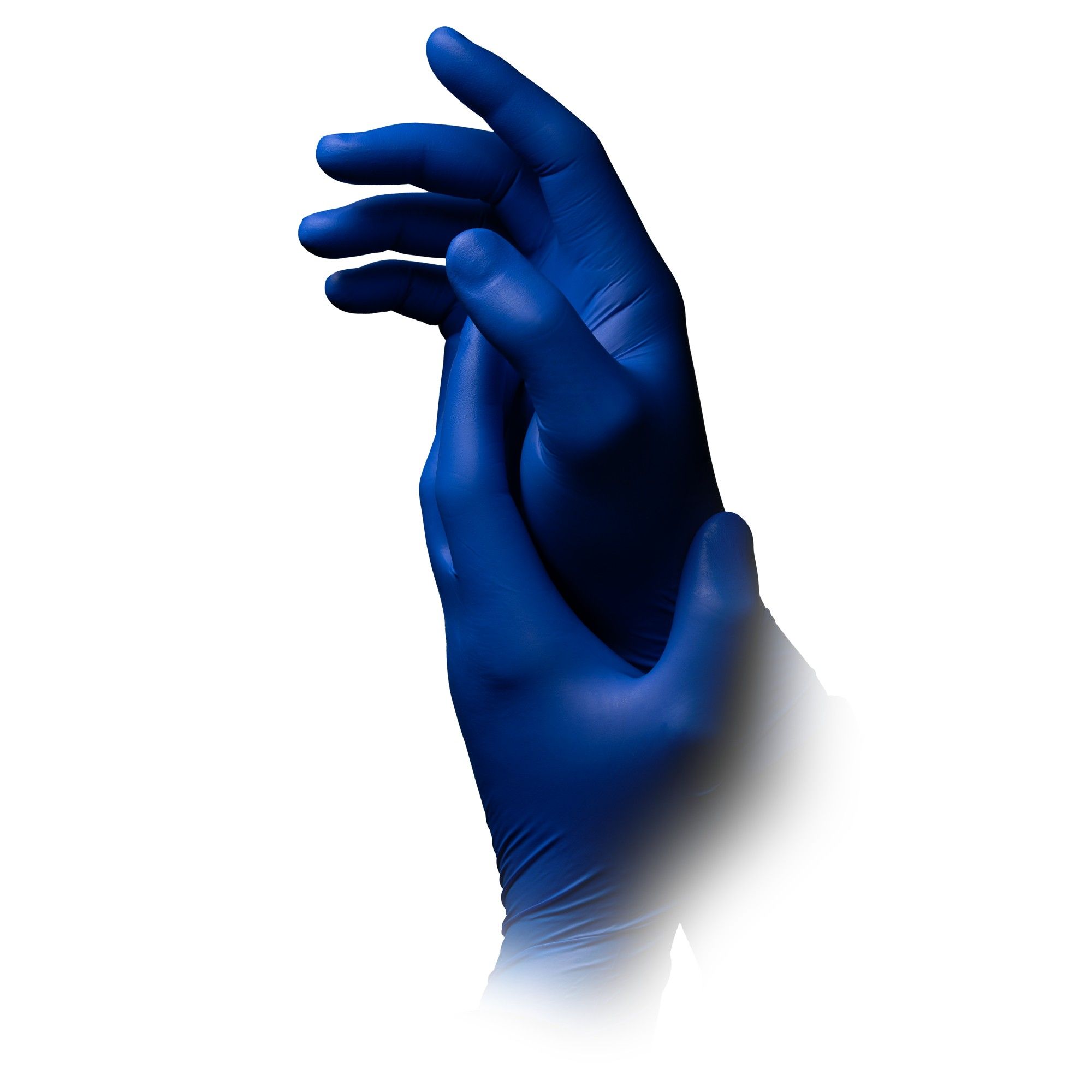 Zwei blaue Nitril-Untersuchungshandschuhe, die sich berühren, von der Seite gesehen.