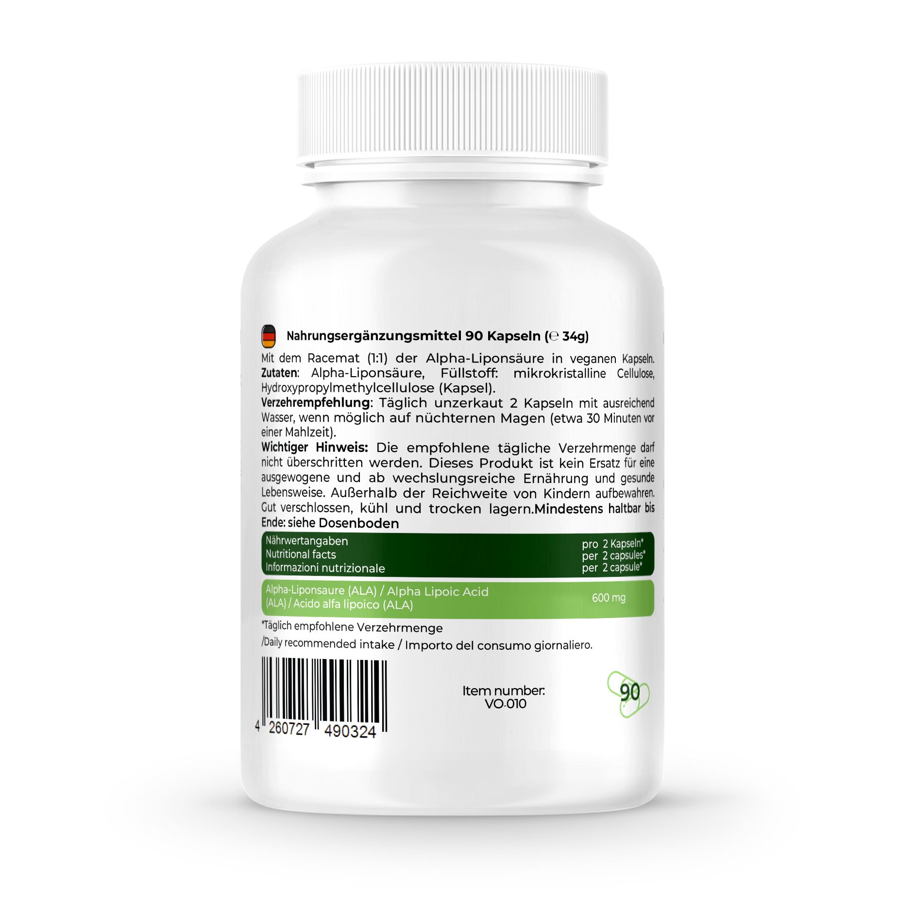 Rückseite der weißen Flasche. Enthält Informationen zu Inhaltsstoffen und Dosierung. 90 Kapseln. Mit deutschem Text.