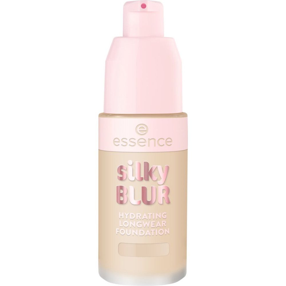Foundation-Flakon mit rosa Deckel und Pumpkopf. Aufschrift: essence, silky blur, Hydrating Longwear Foundation.