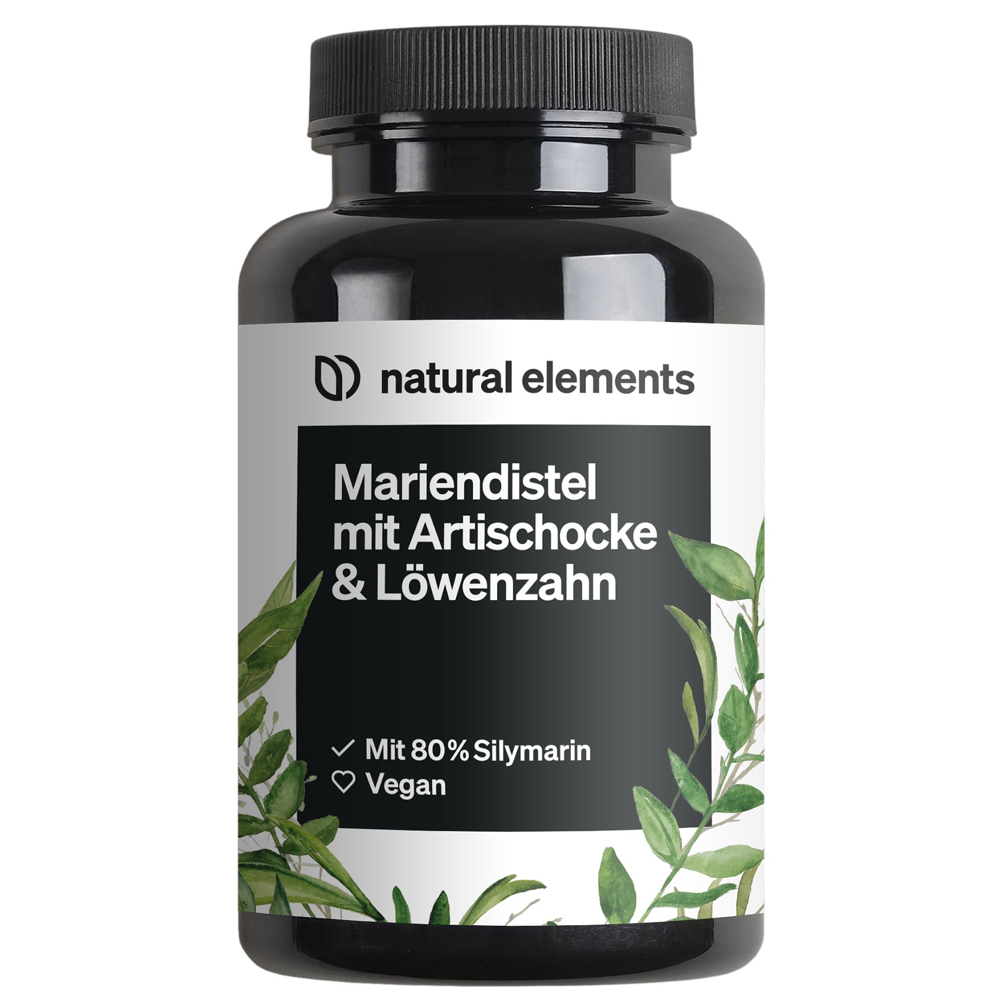 Schwarze Flasche mit weißem Etikett. Aufschrift: Mariendistel mit Artischocke & Löwenzahn. Mit 80% Silymarin. Vegan.