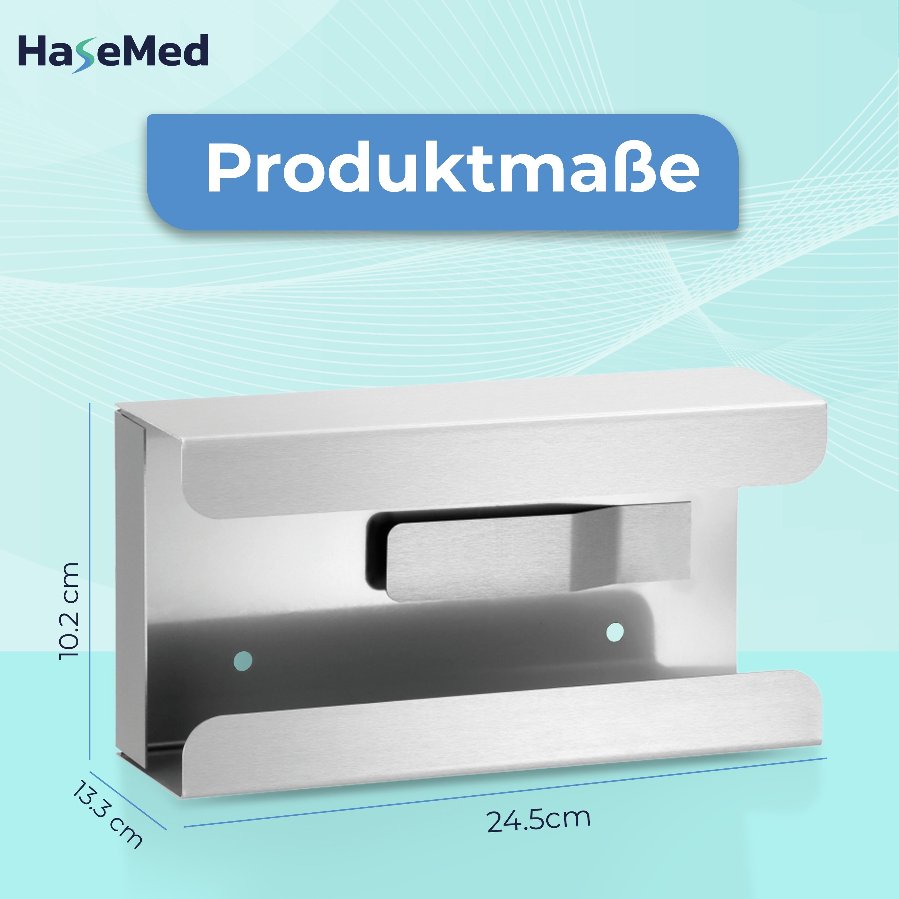 HaseMed Edelstahl-Halterung für Handschuhbox. Maße: 24,5 cm x 13,3 cm x 10,2 cm. Silberfarben, mit Feder.