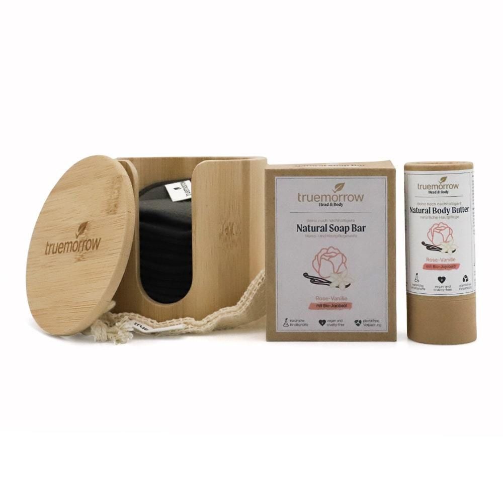 truemorrow Geschenkset Feel-Good anthrazite Abschminkpads mit Pflegeset Rose-Vanille