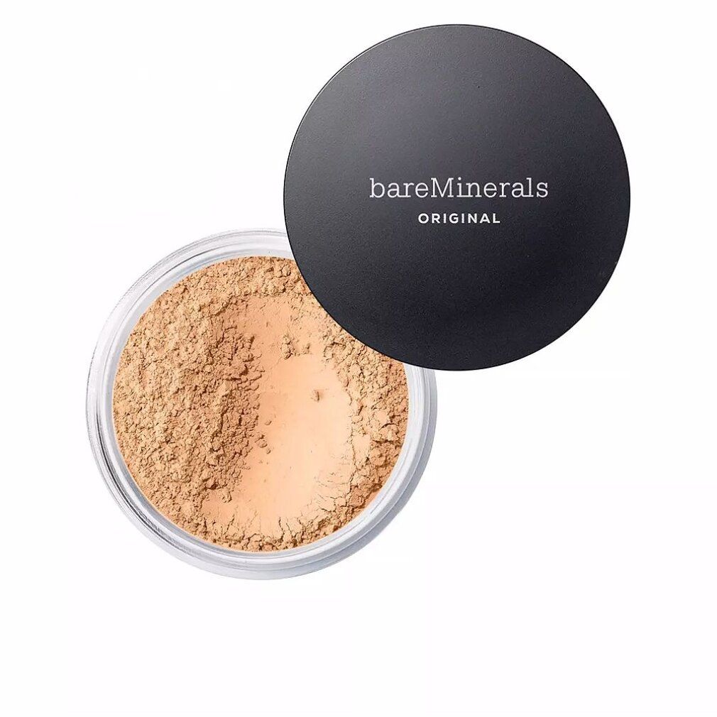 Beige Puder in einem transparenten Glasbehälter mit schwarzem Deckel. Auf dem Deckel steht "bareMinerals ORIGINAL".