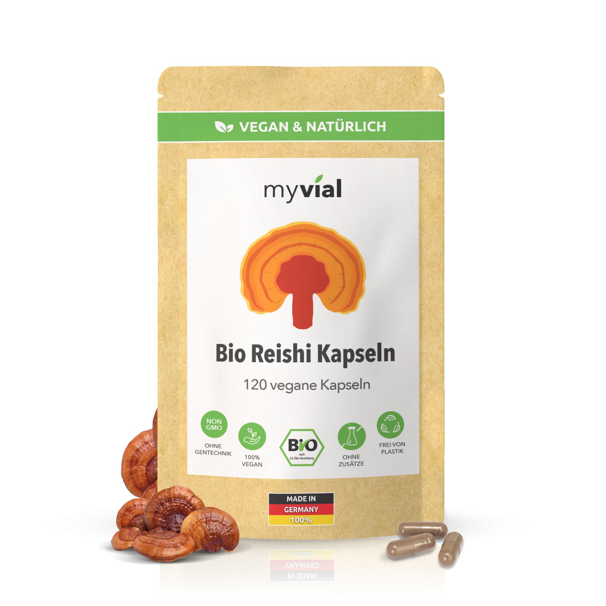myvial® Bio Reishi Kapseln - reines Fruchtkörperpulver des Reishi-Pilzes - 800 mg hochdosiert