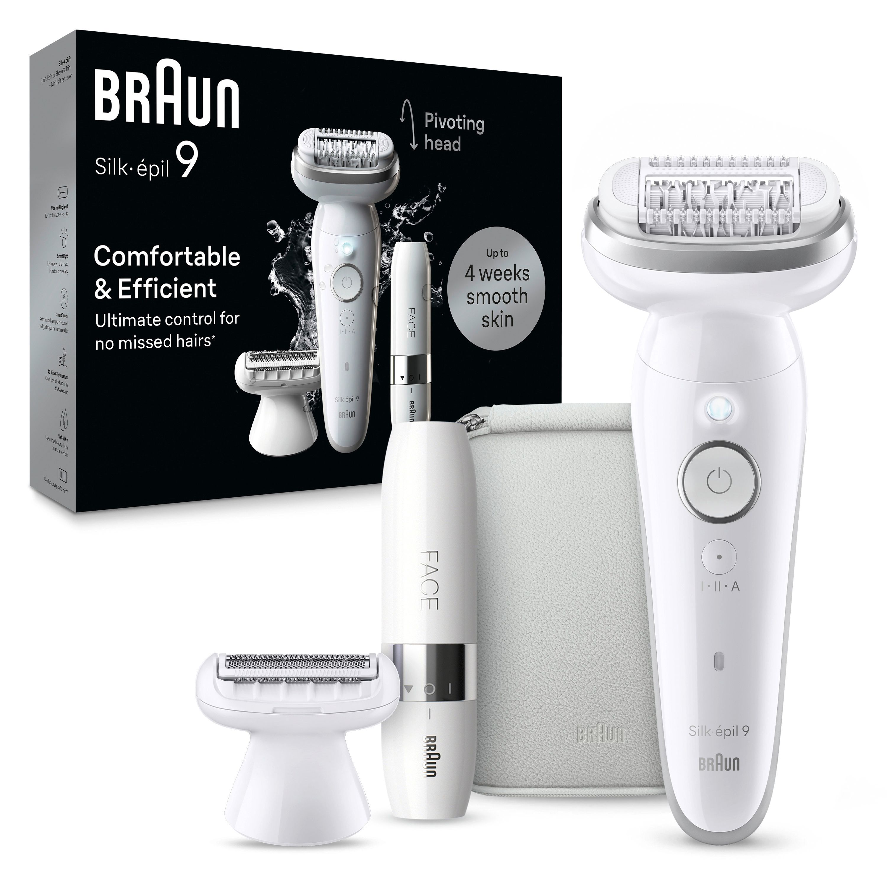 Verpackung mit weißem Epilierer, Mini-Haarentferner, Trimmer und Etui. Text: Braun Silk-épil 9, Comfortable & Efficient.