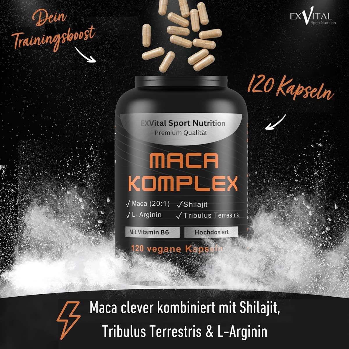 Produktflasche mit Kapseln. Text: Maca Komplex, Inhaltsstoffe, 120 Kapseln. Pfeile zeigen auf Kapseln. Marke: EXVital Sport Nutrition.