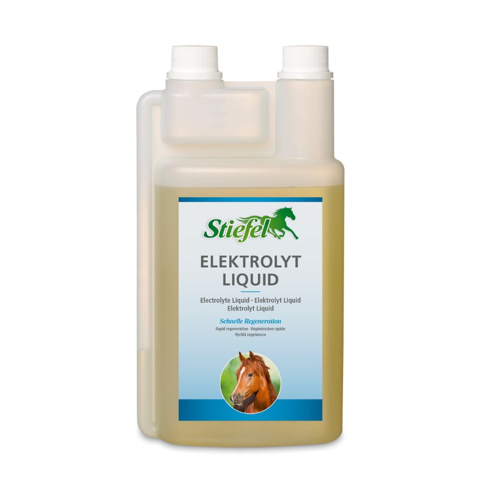 Behälter mit Flüssigkeit. Aufschrift: Stiefel Elektrolyt Liquid. Abbildung eines Pferdekopfes. Produktname und Marke deutlich sichtbar.