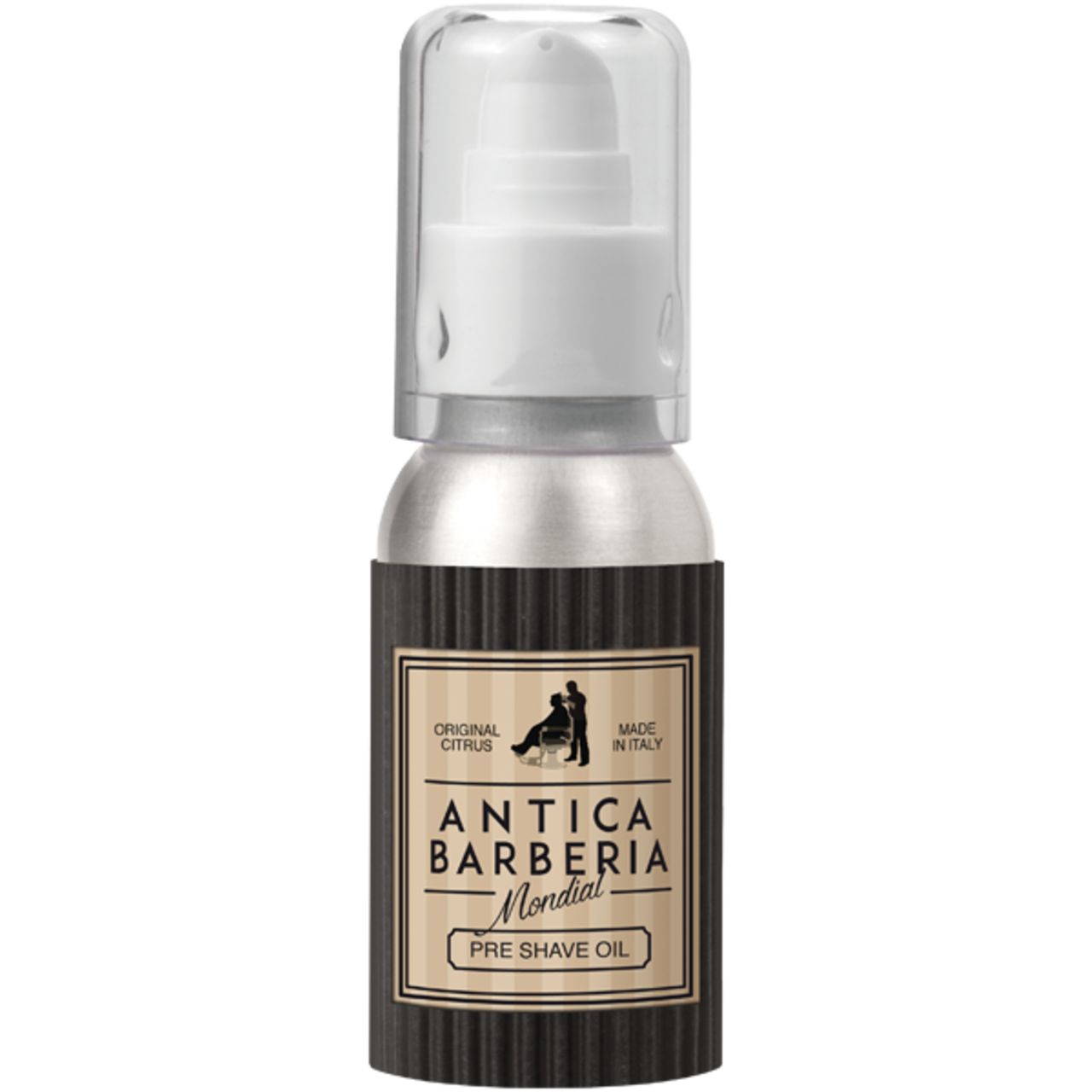 Zylindrische Flasche mit Pumpe. Aufschrift: Antica Barberia Mondial, Pre Shave Oil. Made in Italy.