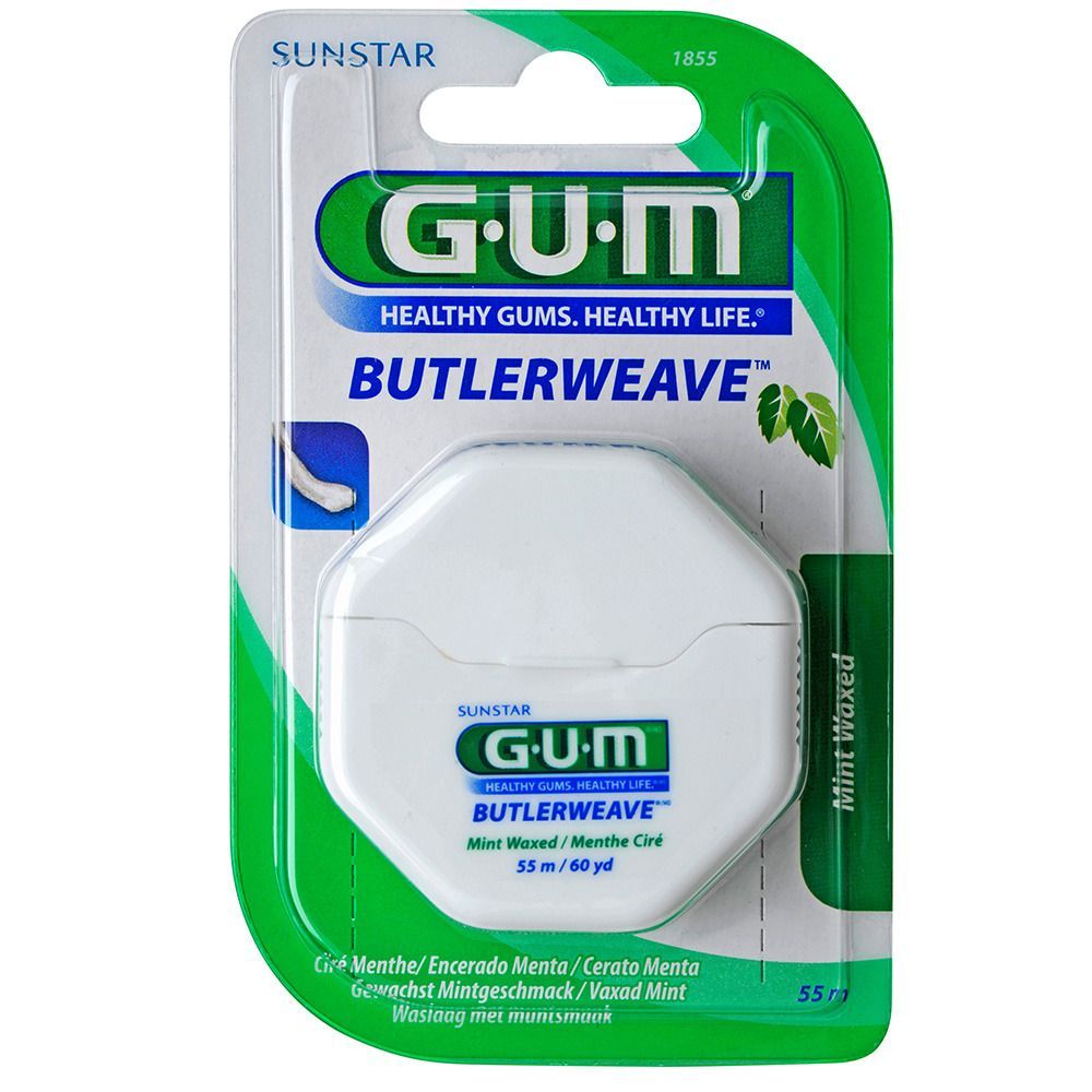 Zahnseide in weißer Verpackung. Marke GUM Butlerweave, gewachst, Minzgeschmack. Verpackung mit Produktinformationen.