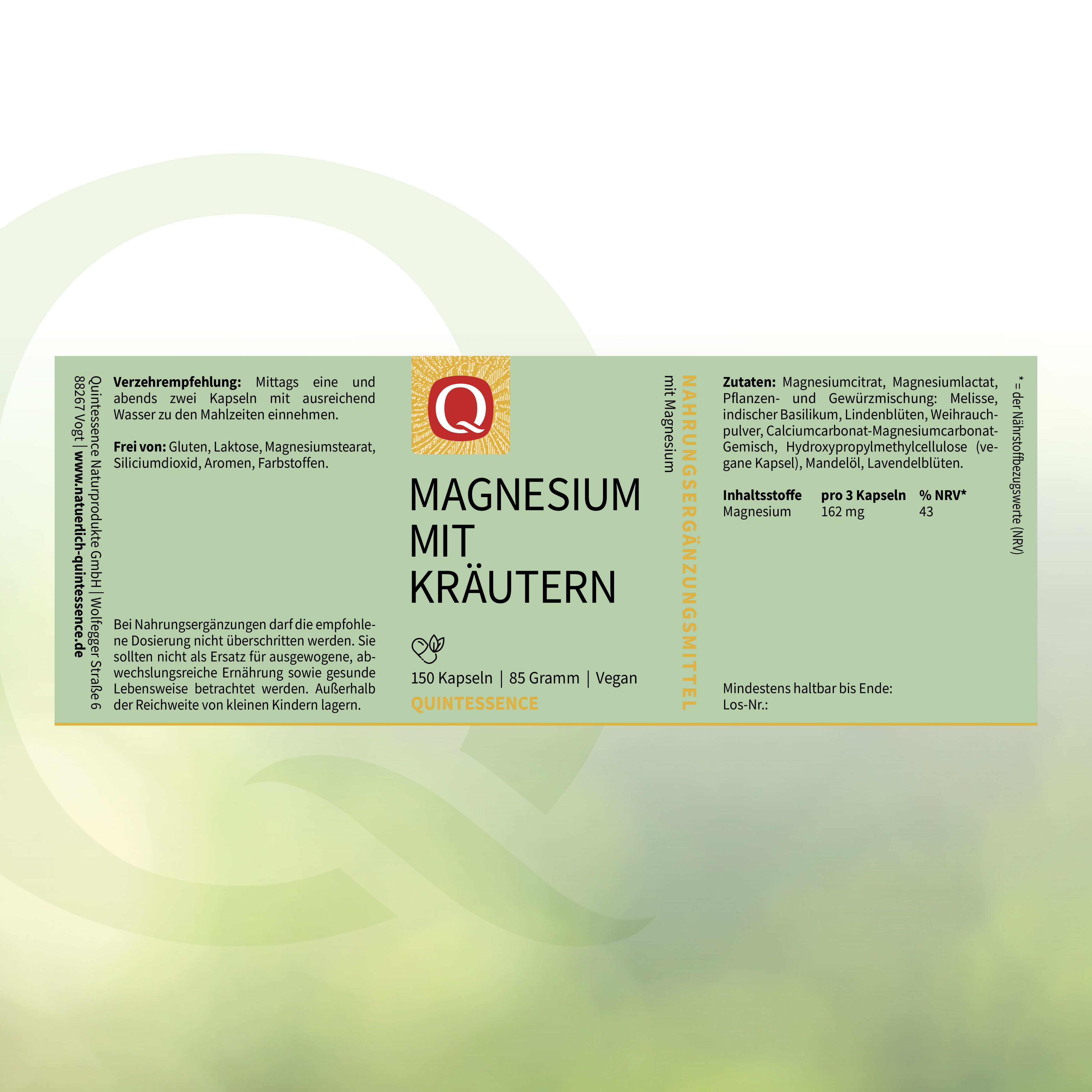 Etikett mit "Magnesium mit Kräutern" und Quintessence Logo. 150 Kapseln, 85 Gramm, Vegan. Zutaten und Verzehrempfehlung.