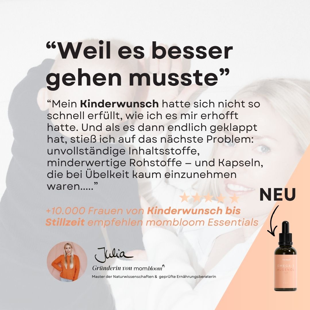 Textabschnitte mit Zitat und Informationen. mombloom® Essentials Flasche. Logo.