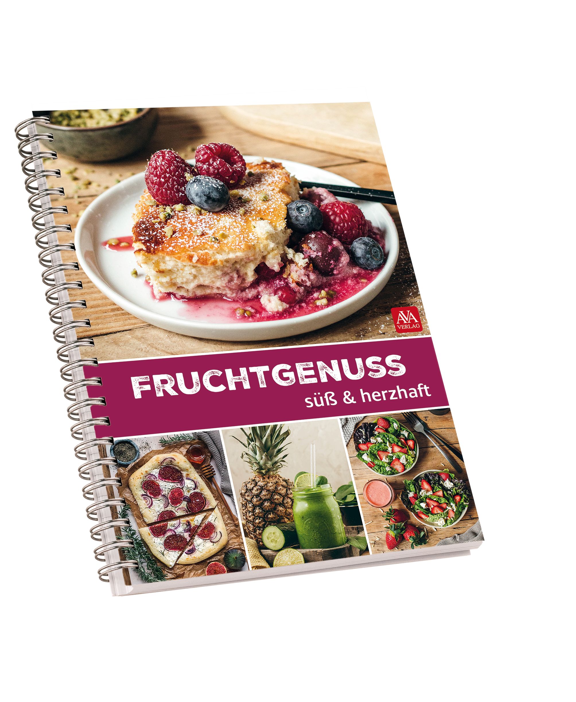 Spiralgebundenes Kochbuch mit dem Titel "Fruchtgenuss". Auf dem Cover ein Dessert mit Beeren. Darunter weitere Food-Fotos.