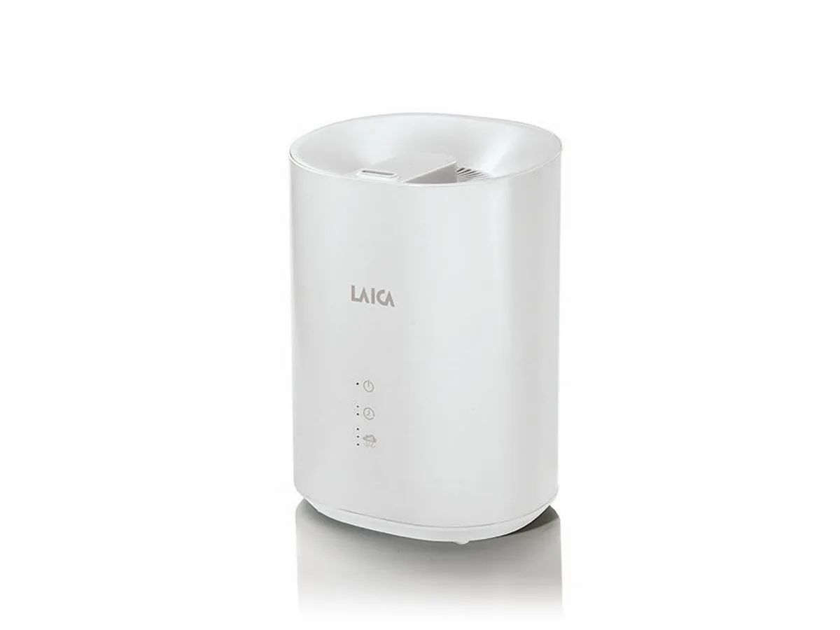 Umidificatore cilindrico bianco. Logo LAICA e pulsanti di controllo visibili.