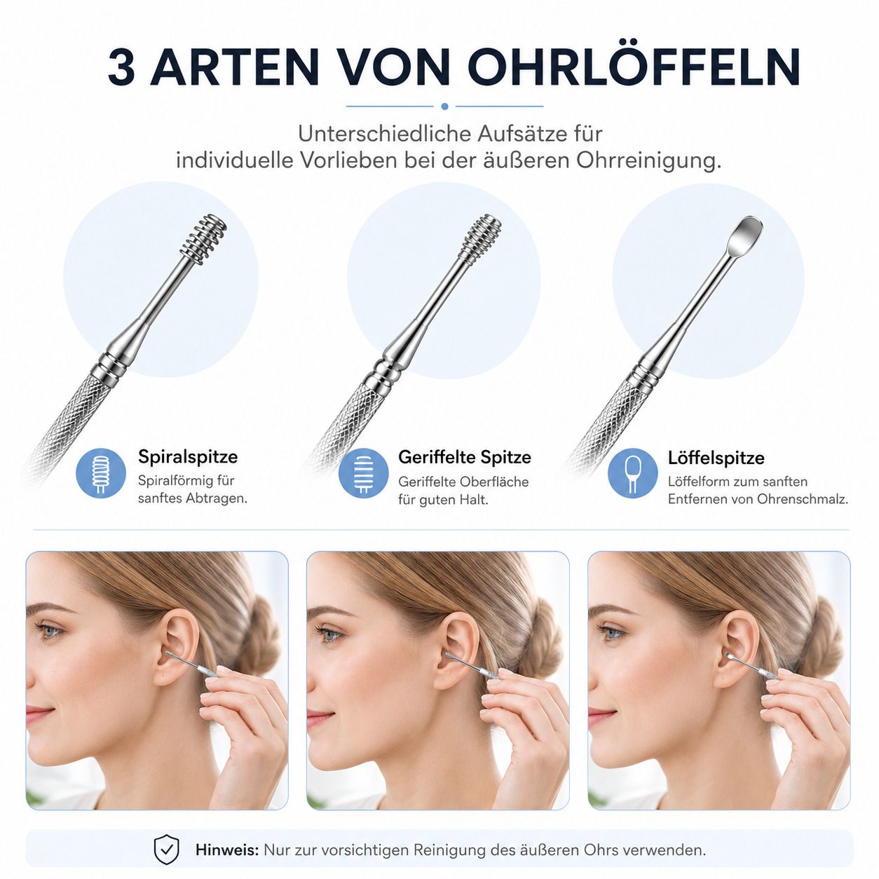 Drei Arten von Edelstahl-Ohrlöffeln mit Spiral-, geriffelter und Löffelspitze zur äußeren Ohrenreinigung.