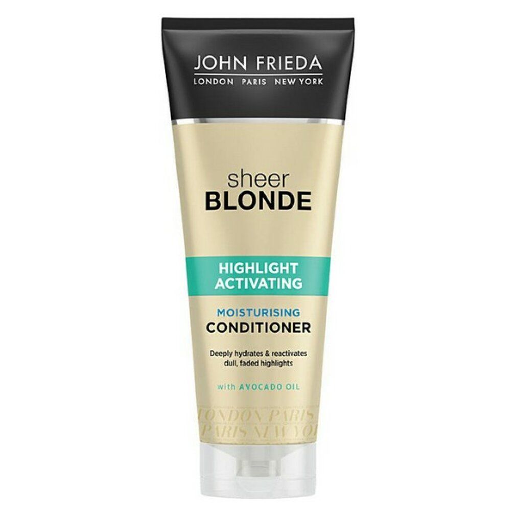 John Frieda Sheer Blonde Conditioner. Tube mit schwarzem Deckel und hellgelbem Körper. Text: Sheer Blonde, Highlight Activating, Moisturising Conditioner.