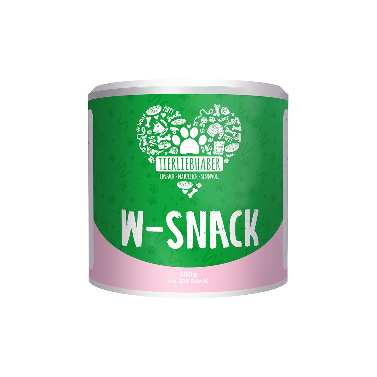 Dose mit grünem Etikett und rosa Band. Aufschrift: W-SNACK. Logo mit Pfoten und Tierfiguren. 350g.