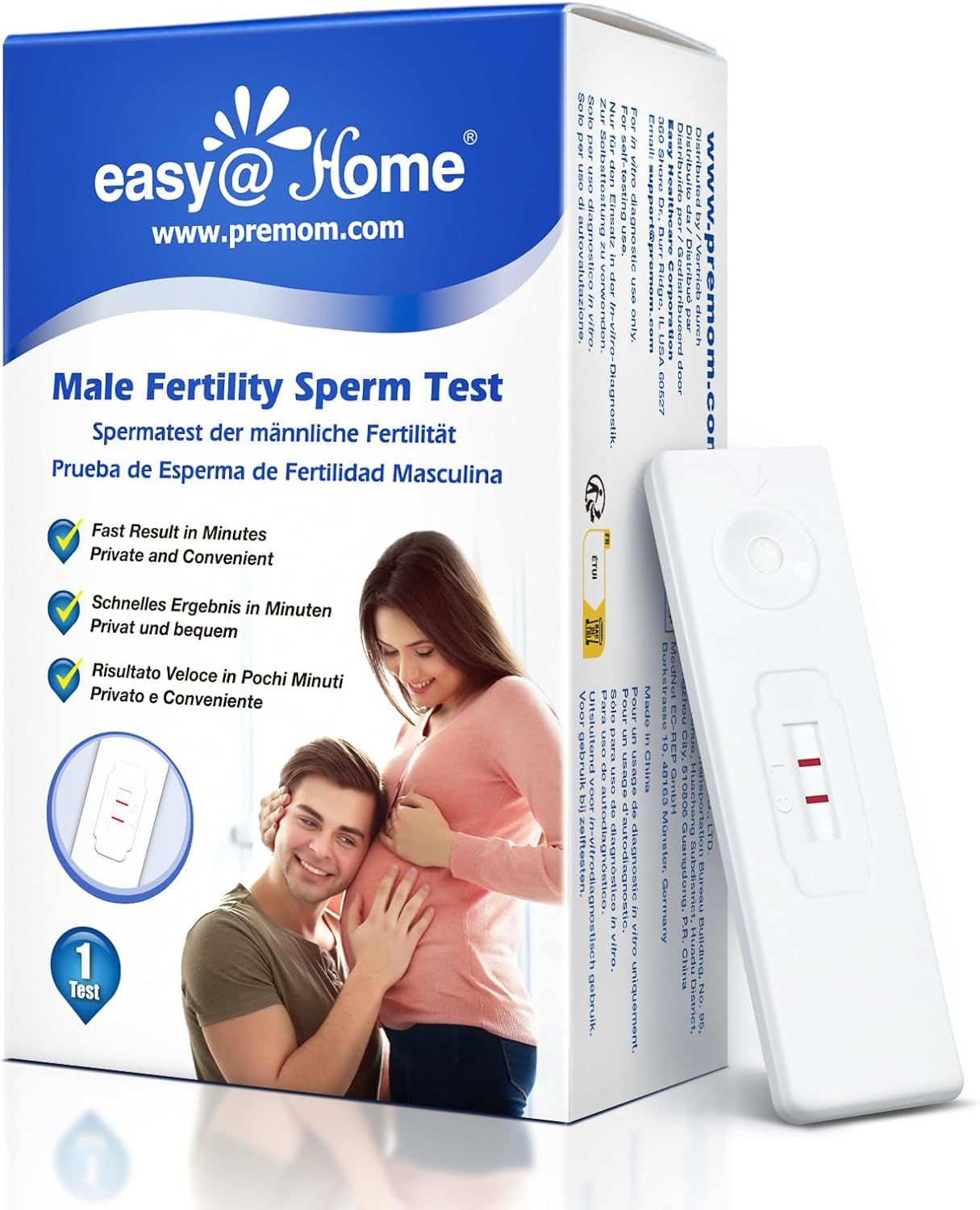 Verpackung und Teststreifen. Aufschrift: easy@home, Male Fertility Sperm Test. Abgebildet: Paar, Schwangere.