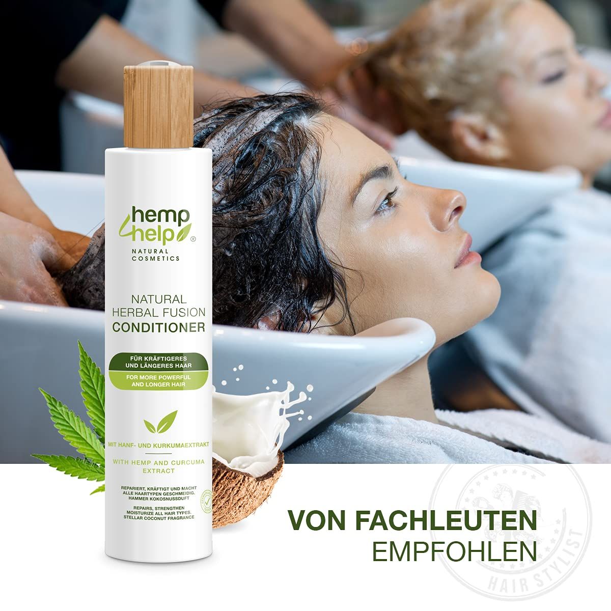 Frauen beim Haarewaschen. Flasche mit Holzverschluss. Aufschrift: Natural Herbal Fusion Conditioner. Text: Von Fachleuten empfohlen.