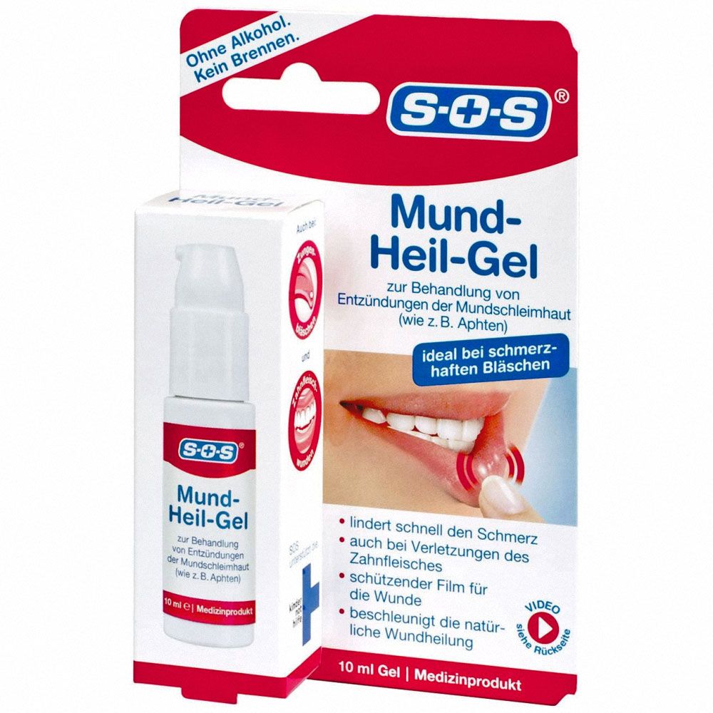 Produktverpackung mit SOS Mund-Heil-Gel. Enthält eine Tube und eine Pappverpackung mit Produktinformationen und Abbildungen.