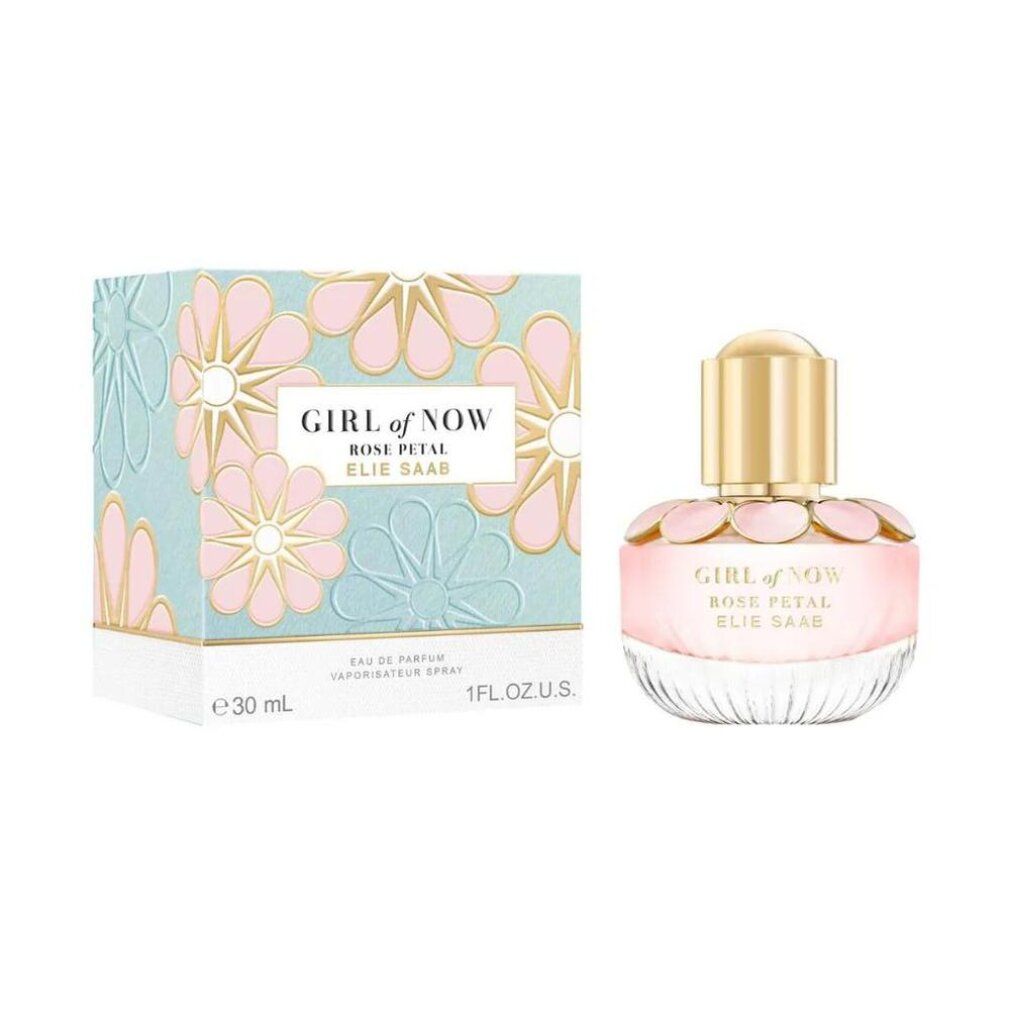 Elie Saab Girl of Now Rose Petal Eau de Parfum 30ml Flakon und Geschenkbox nebeneinander.