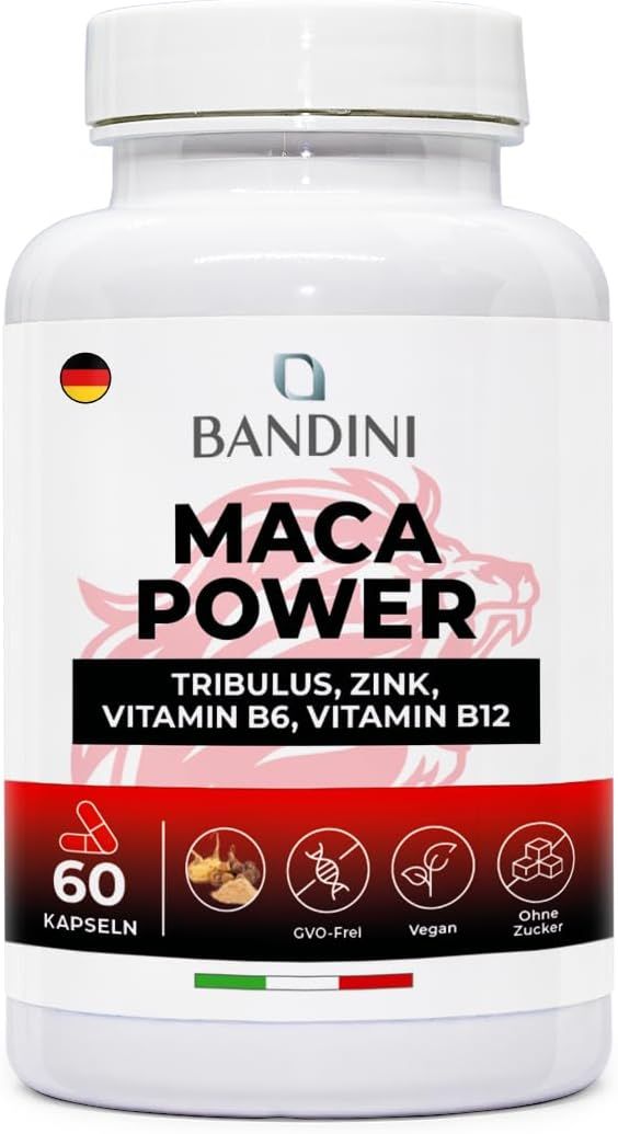 Weiße Flasche mit Bandini Maca Power Kapseln. Aufschrift: Maca Power, Tribulus, Zink, Vitamin B6, Vitamin B12. 60 Kapseln. Mit Deutschland-Flagge.