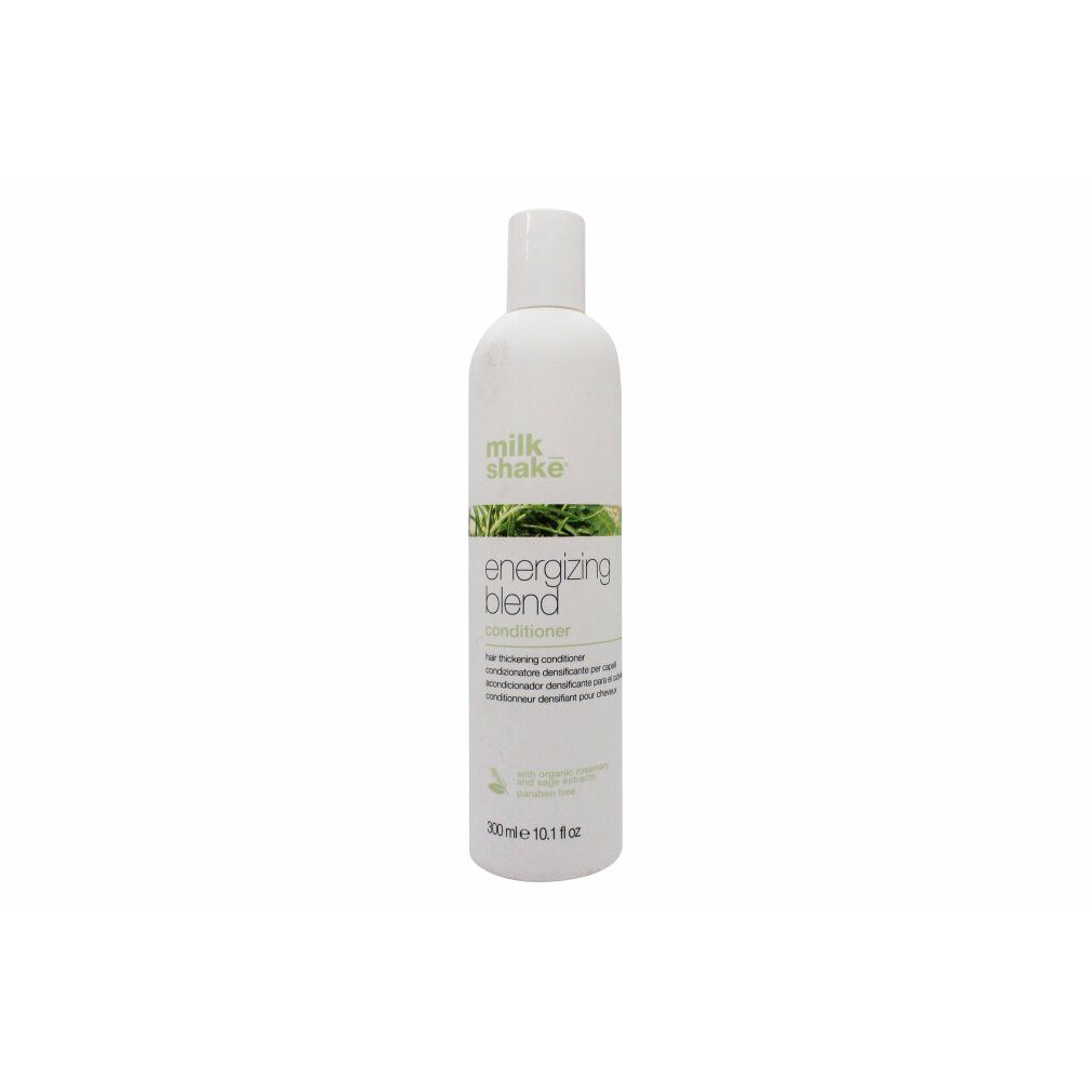Weiße Flasche mit grünem Etikett. Aufschrift: milk_shake, Energizing Blend Conditioner. 300 ml.