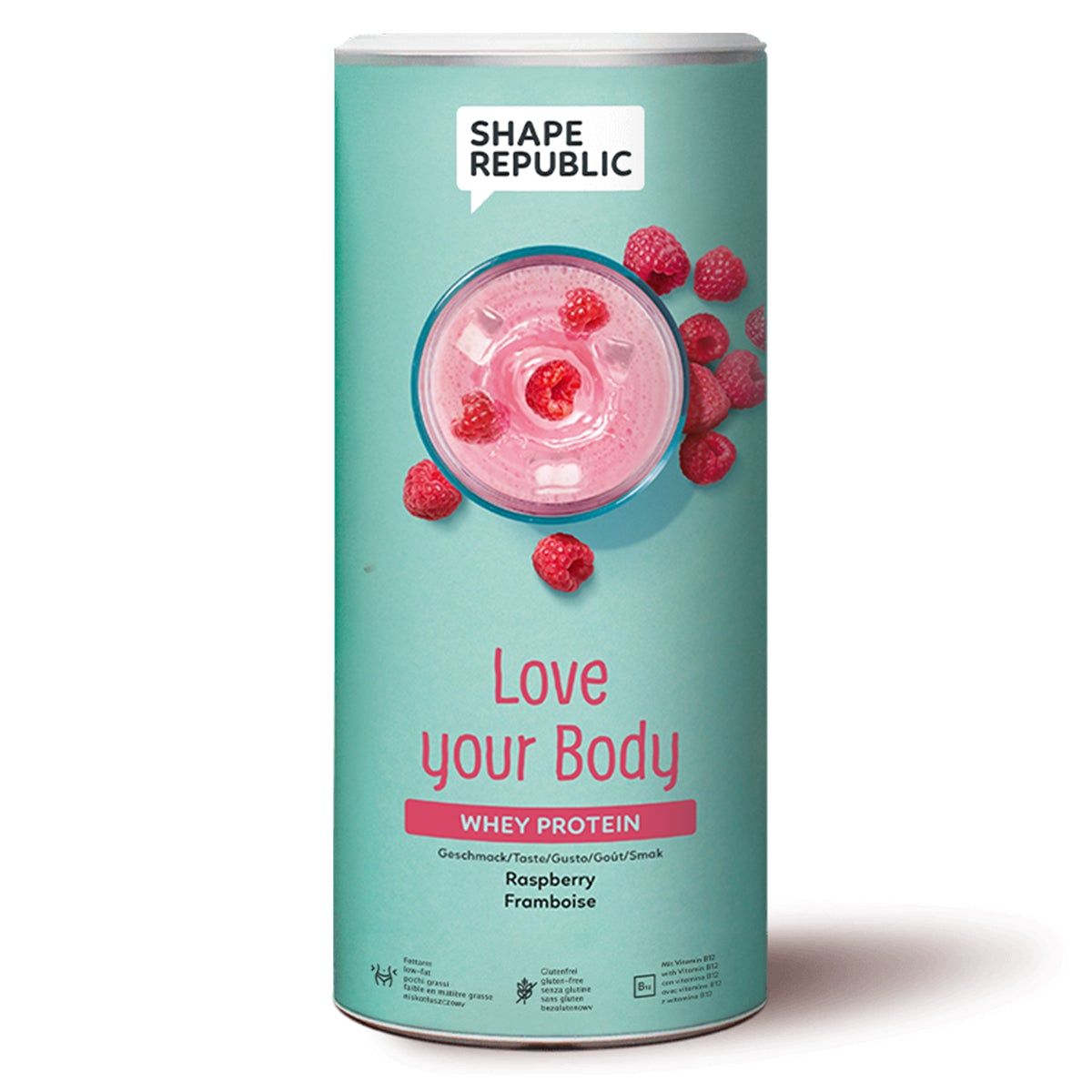 Zylindrische Dose mit Shape Republic Whey Protein. Aufschrift "Love your Body". Himbeer-Proteinshake-Abbildung.