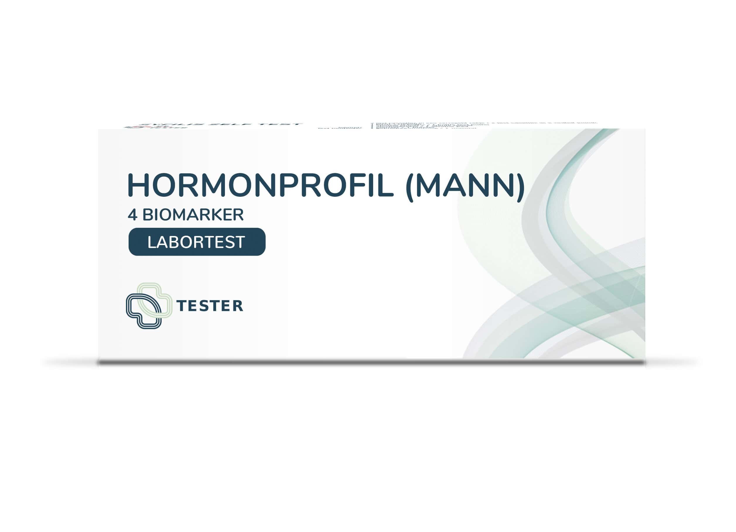 Weißer Karton mit Aufschrift Hormonprofil (Mann), 4 Biomarker, Labortest. Logo: Tester.