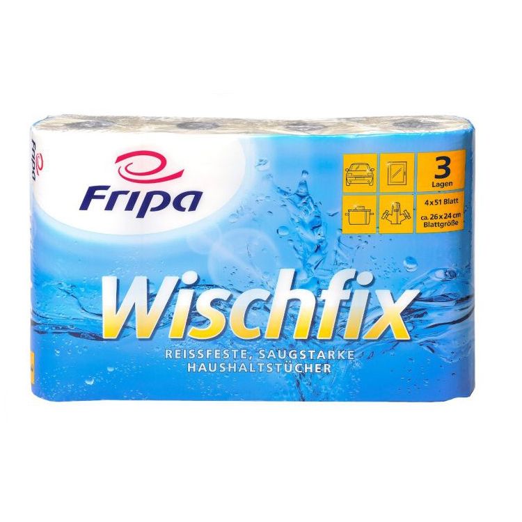 Küchenrolle Fripa Wischfix, 3-lagig. Verpackung mit Produktinformationen und Logo. Blaue Verpackung mit Wasser-Motiv.