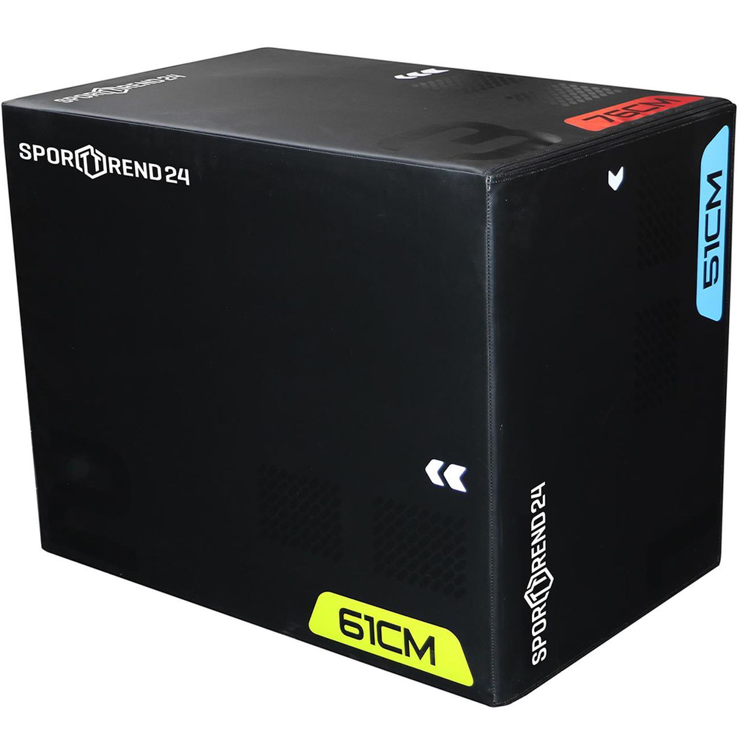 Schwarzer Plyo Box mit PVC-Ummantelung. Blaue und gelbe Aufkleber mit Größenangaben: 51cm und 61cm. Roter Aufkleber mit 76cm. Sporttrend24 Logo.
