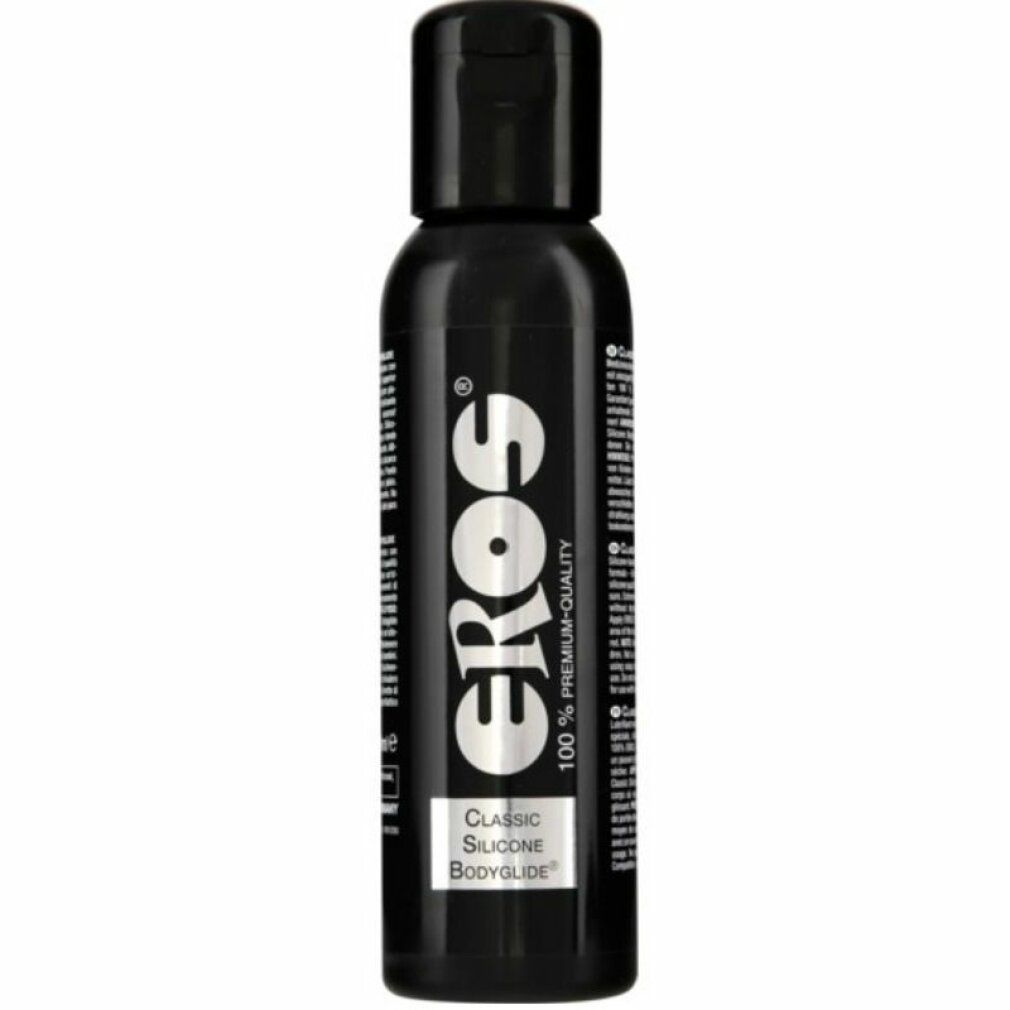 Schwarze Flasche mit schwarzem Deckel. Aufschrift "eros" und "CLASSIC SILICONE Bodyglide".