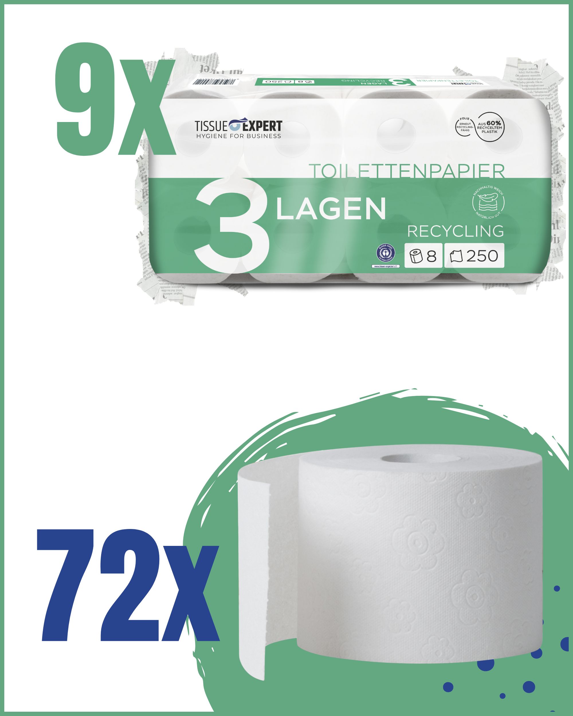 Packung Toilettenpapier, 9 Rollen. 3-lagig, Recycling. Einzelne Rolle daneben. 72 Rollen.